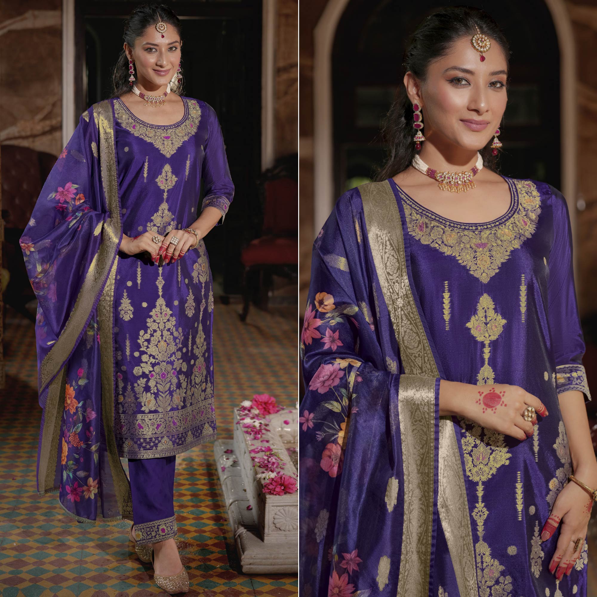 Violet Floral Woven With Handwork Organza Salwar Suit