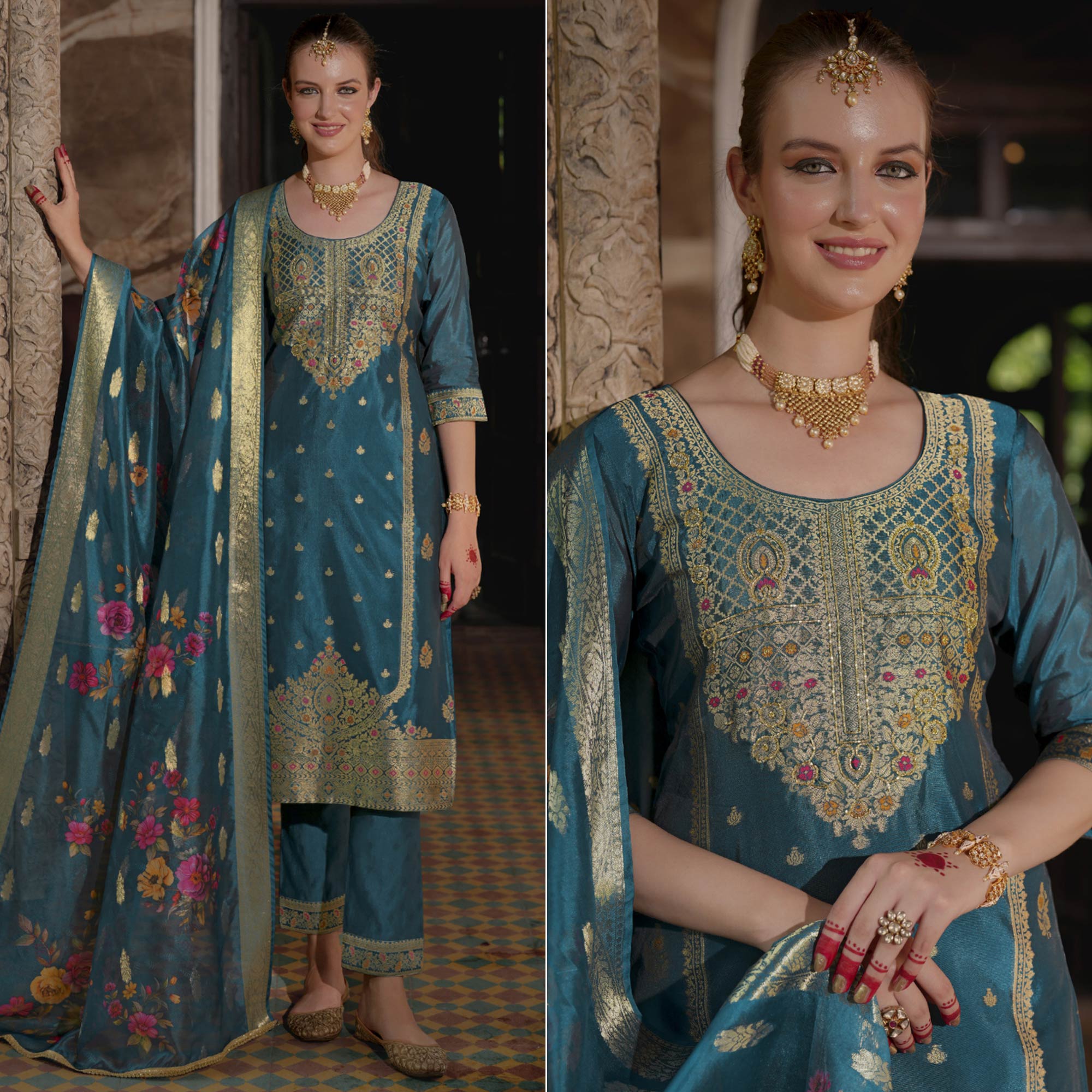 Rama Blue Floral Woven With Handwork Organza Salwar Suit