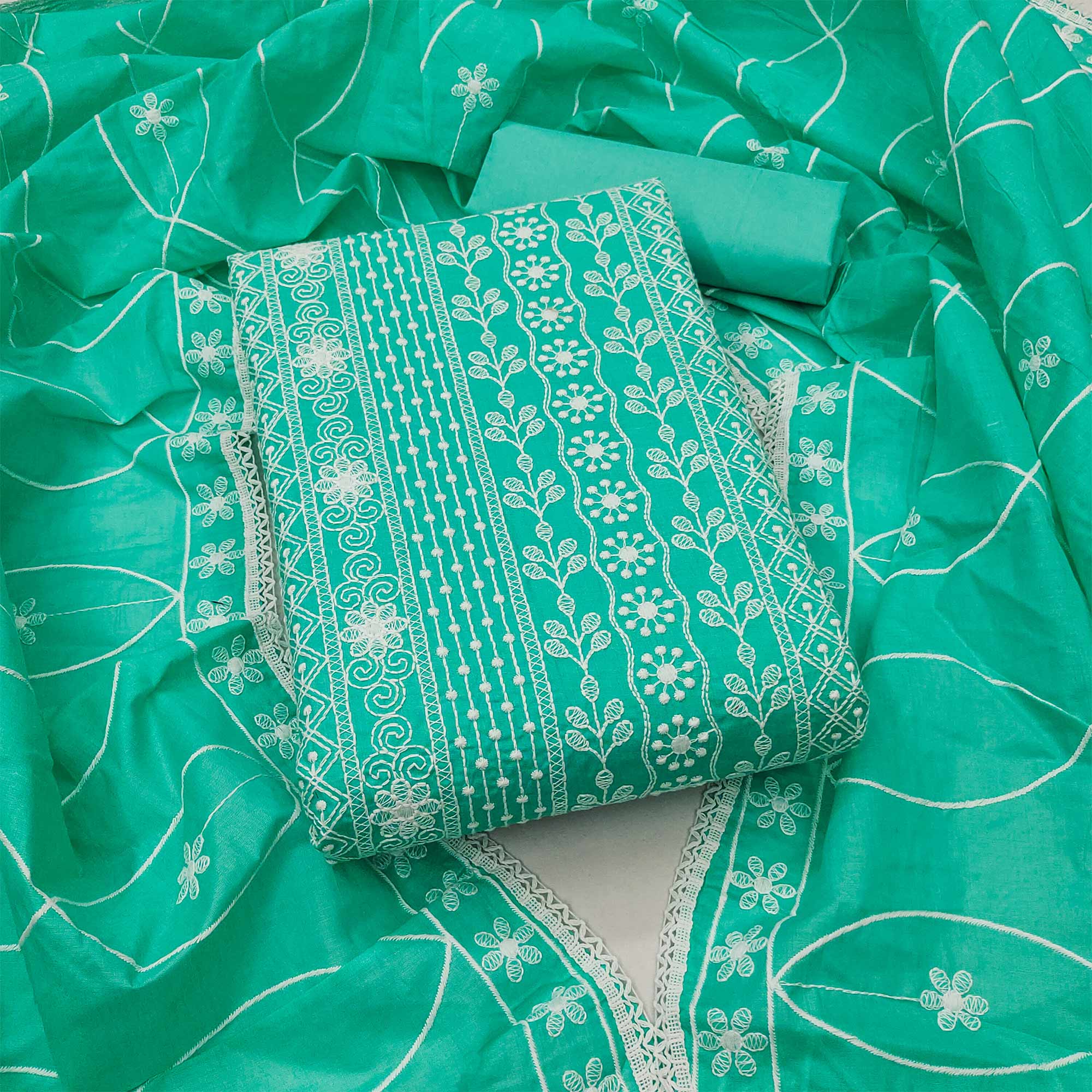 Turquoise Floral Embroidered Pure Cotton Dress Material