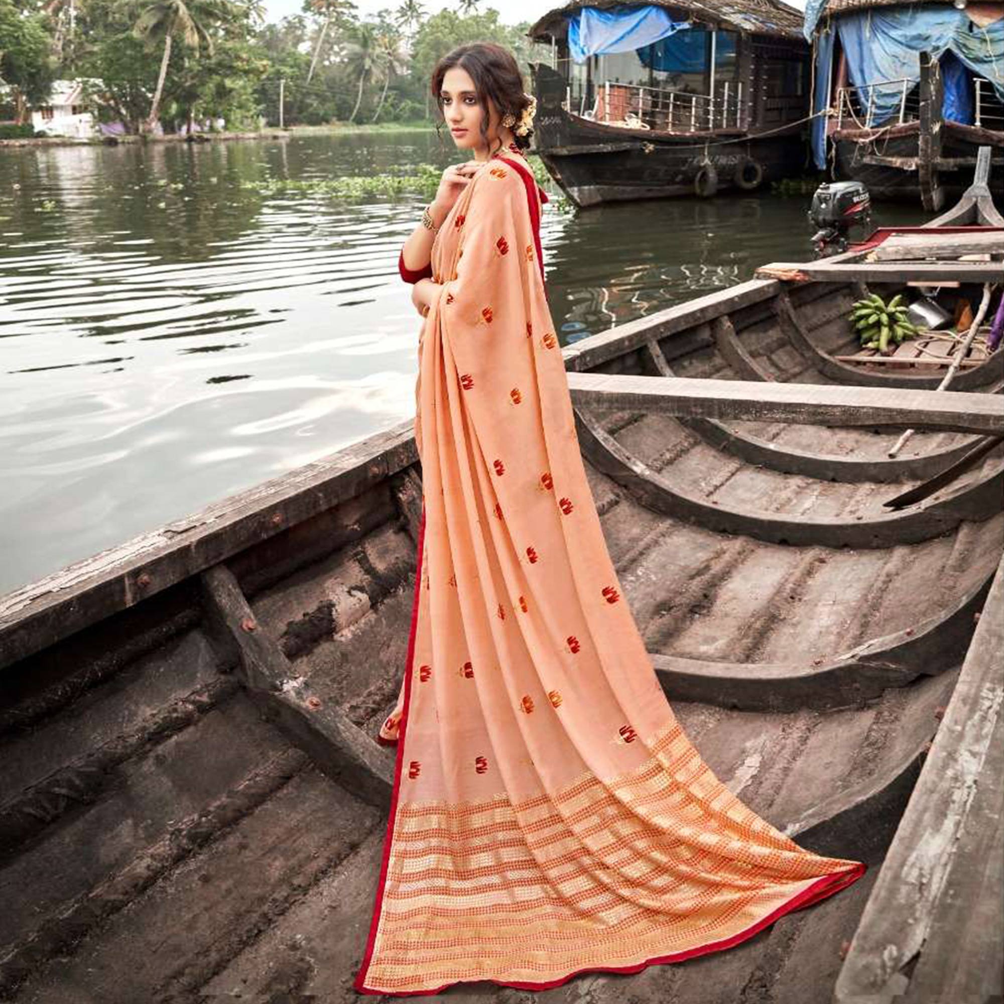 Peach Floral Foil Printed Chiffon Saree