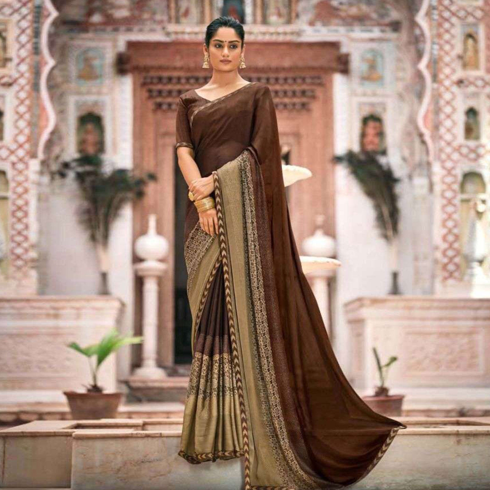 Brown Printed Fancy Fabric Saree