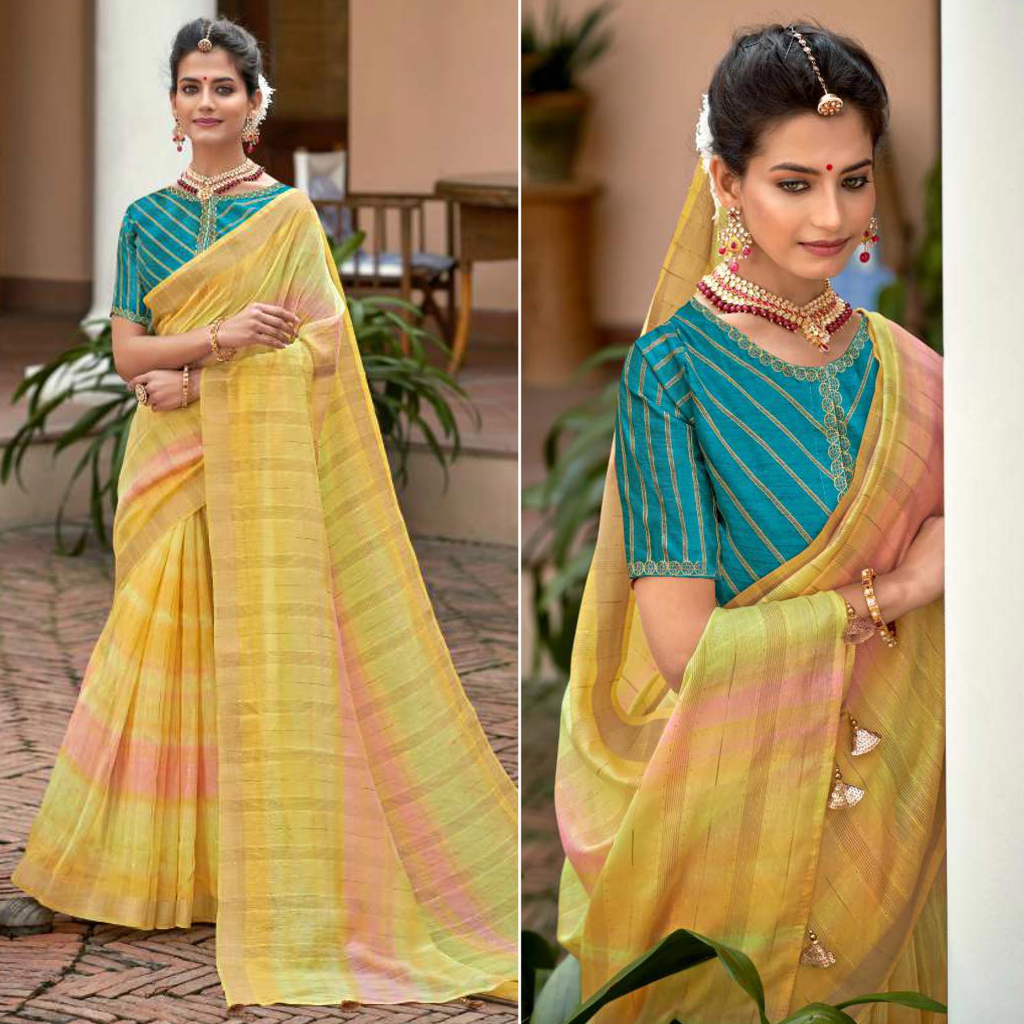 Yellow Woven Linen Saree With Tassels