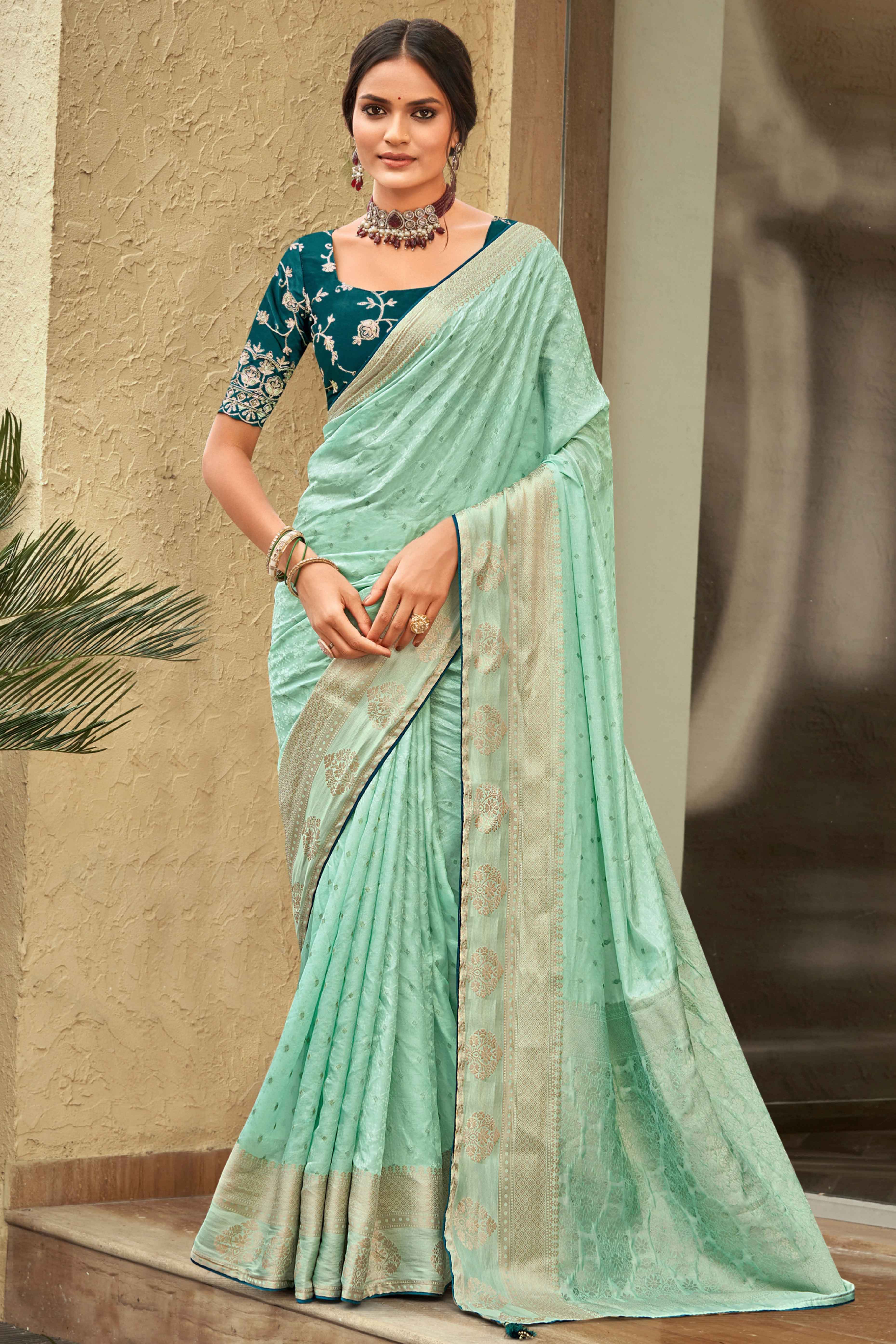 Sea Green Chinon Jacquard Saree with Beautiful Zari Weaving