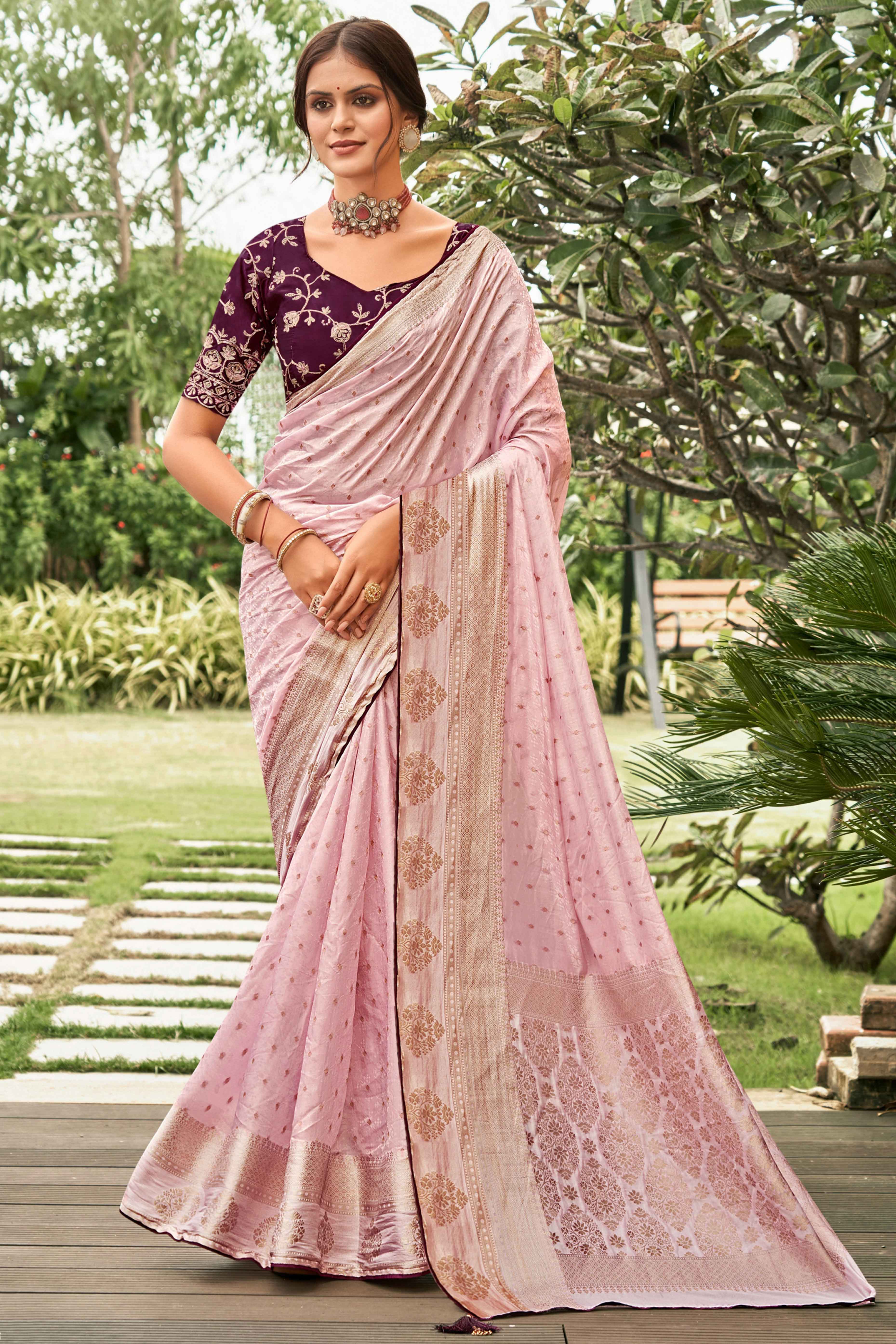 Light Purple Chinon Jacquard Saree with Beautiful Zari Weaving