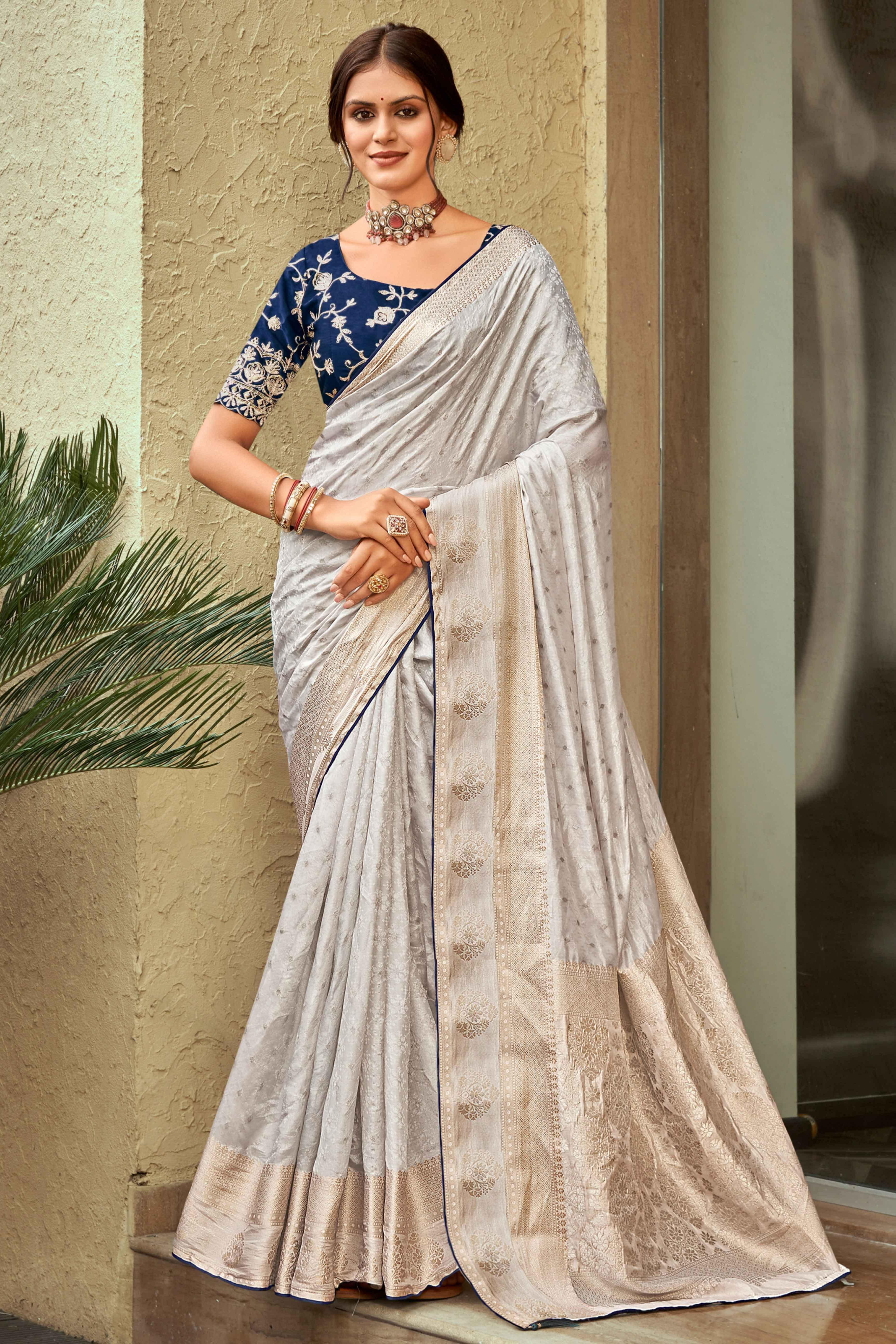 Light Grey Chinon Jacquard Saree with Beautiful Zari Weaving