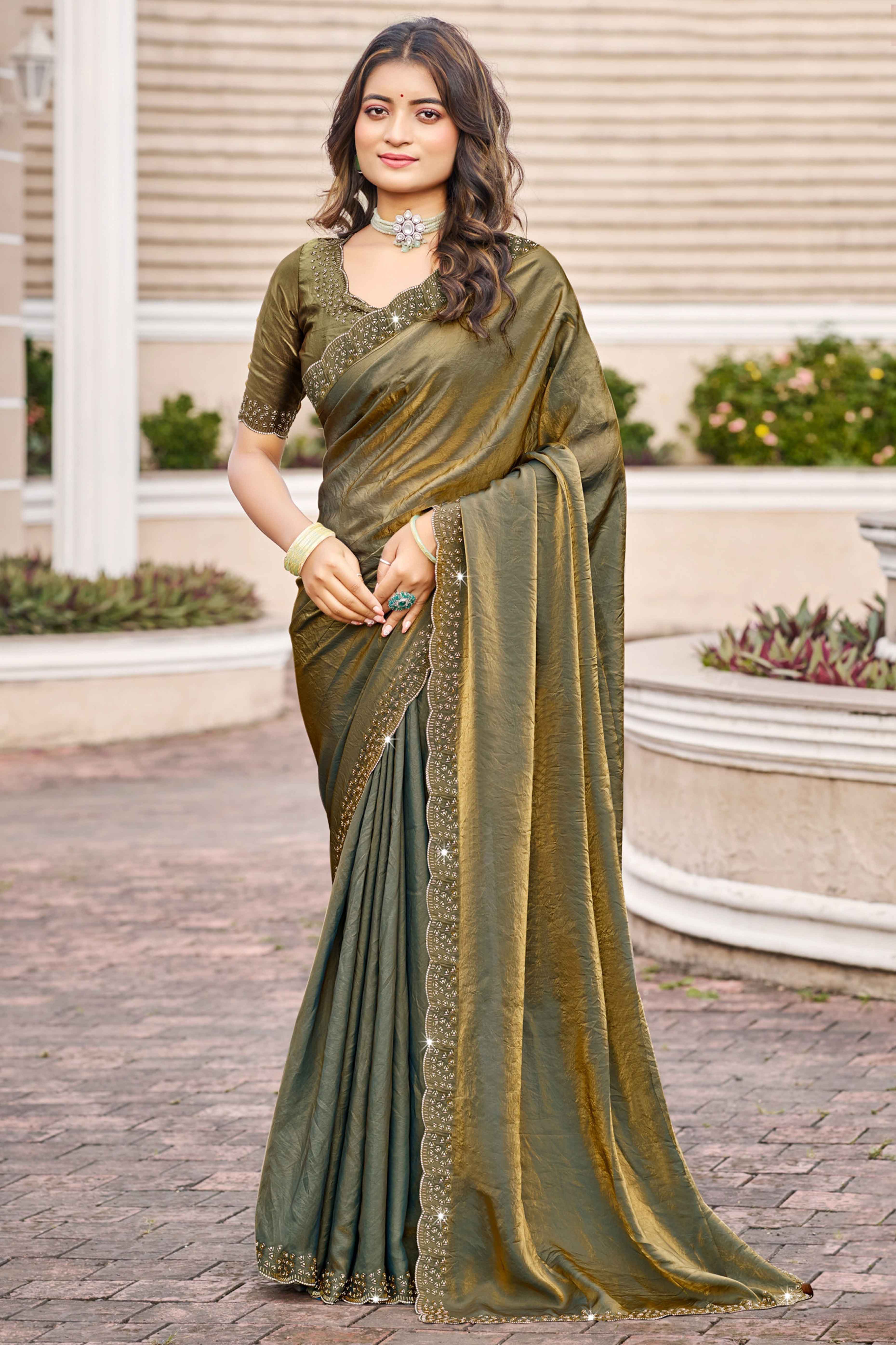 Designer Mehendi Green Satin Saree Featuring Elegant Beads and Stone Embellishments