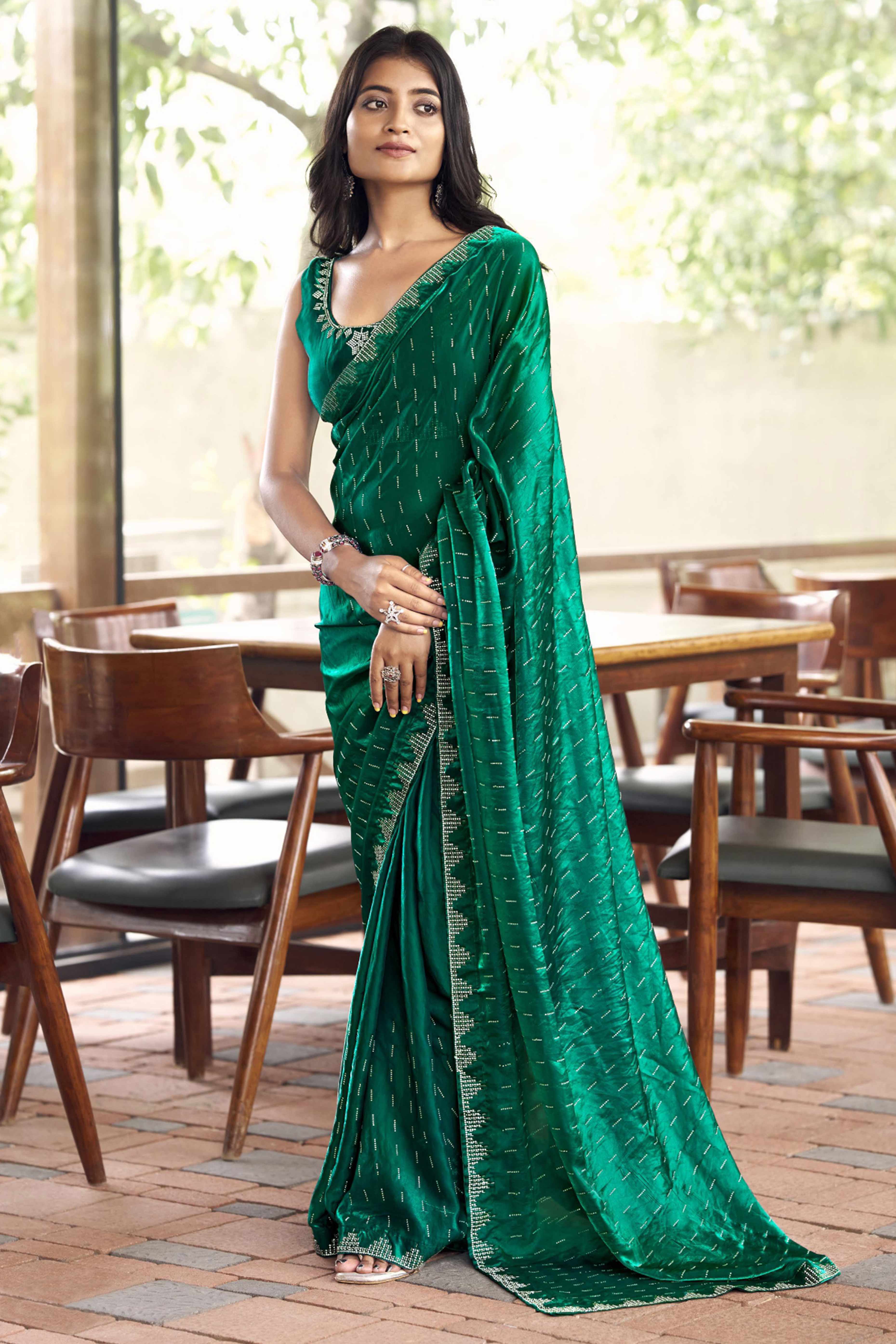 Graceful Bottle Green Nylon Partywear Saree Adorned with Exquisite Stone Work
