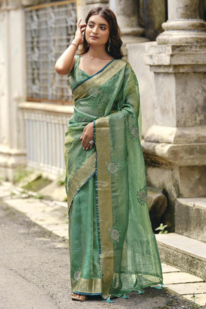 Sea Green Nylon Saree Highlighted with Sparkling Stone Embroidery for Party & Festive Styling