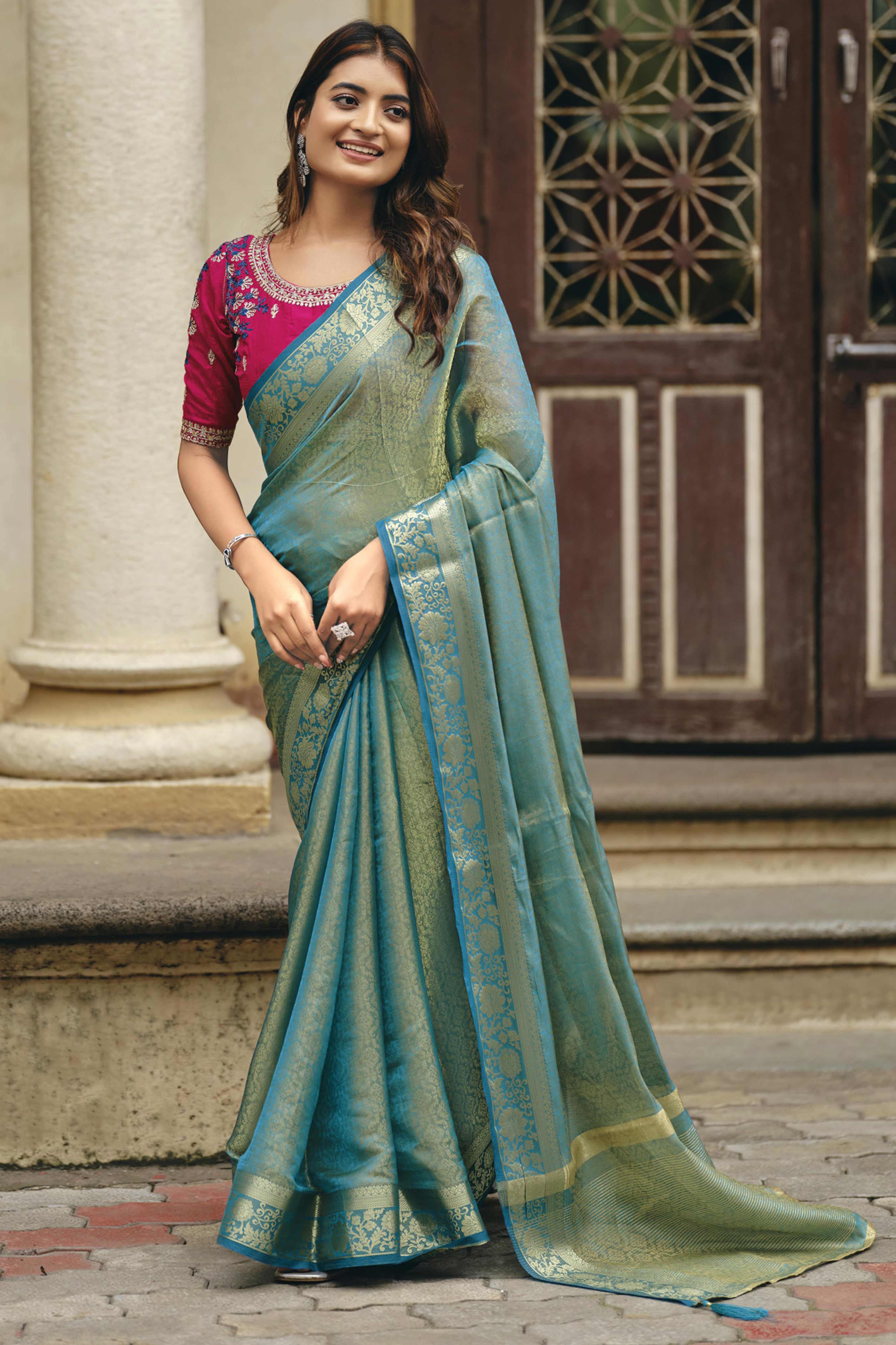 Elegant Rama Blue Partywear Nylon Silk Saree with Stone & Weaving Details