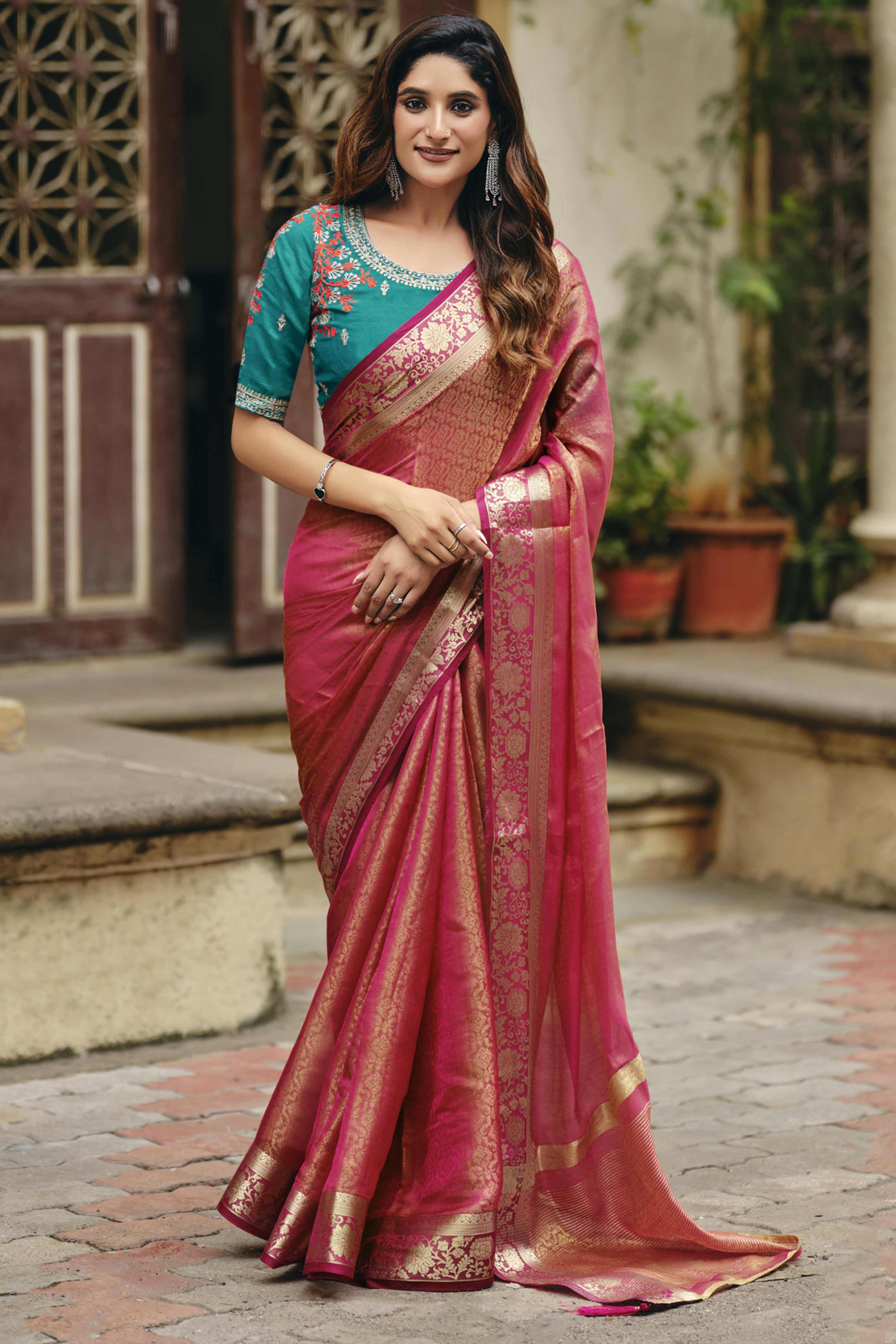 Elegant Pink Partywear Nylon Silk Saree with Stone & Weaving Details