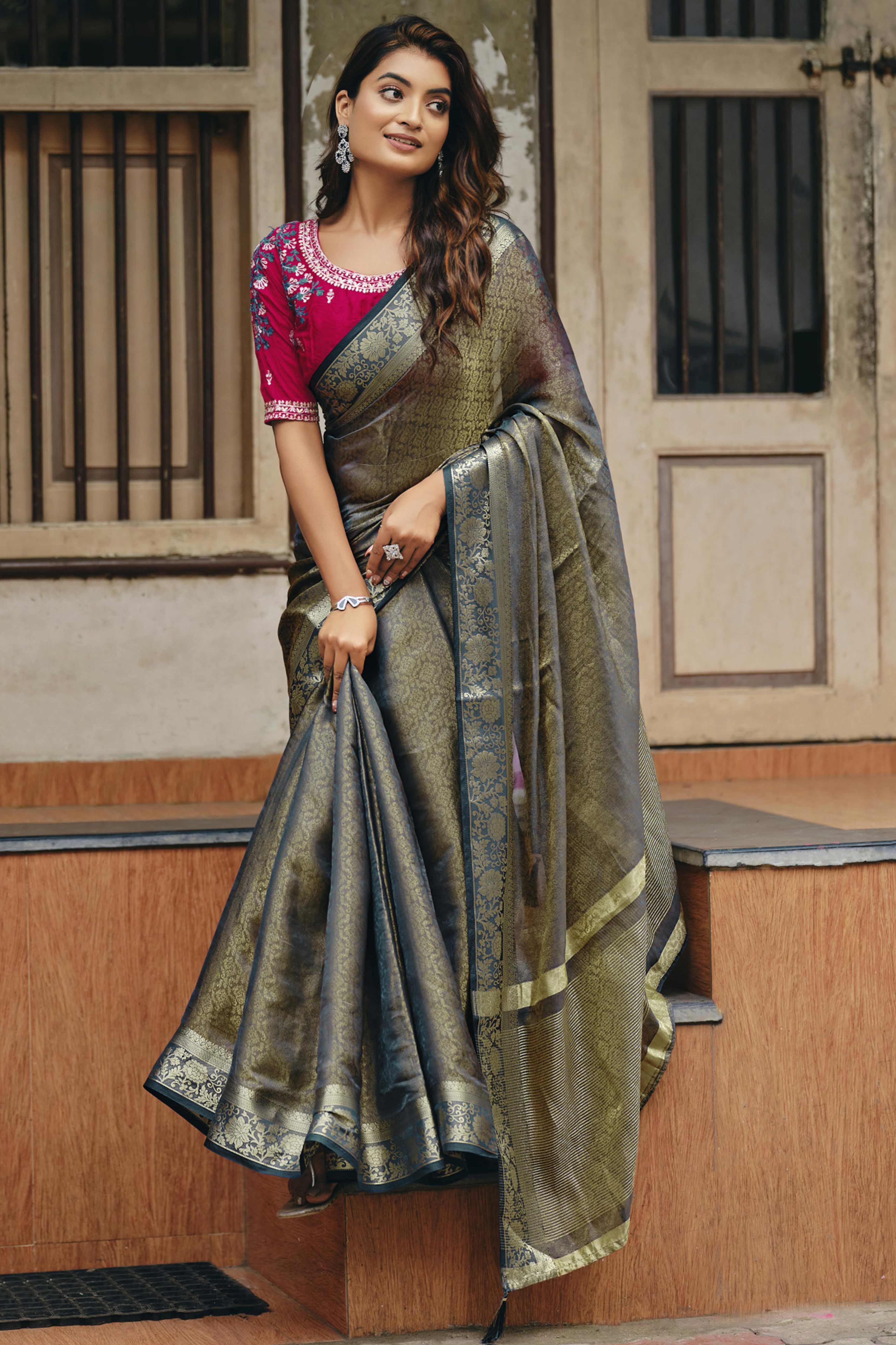 Elegant Grey Partywear Nylon Silk Saree with Stone & Weaving Details