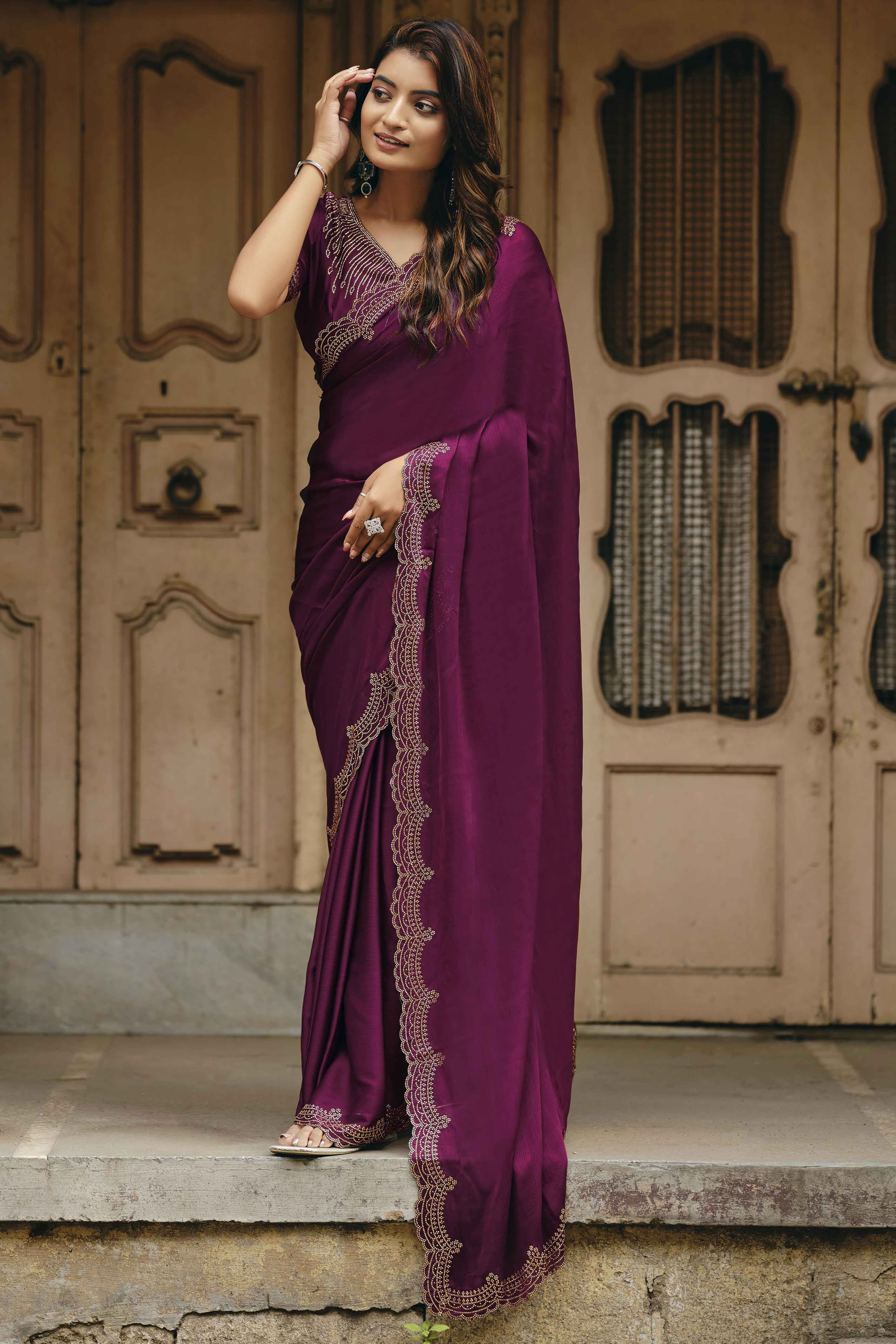 Wine Stone Work Embellished Satin Saree for Glamorous Party Look
