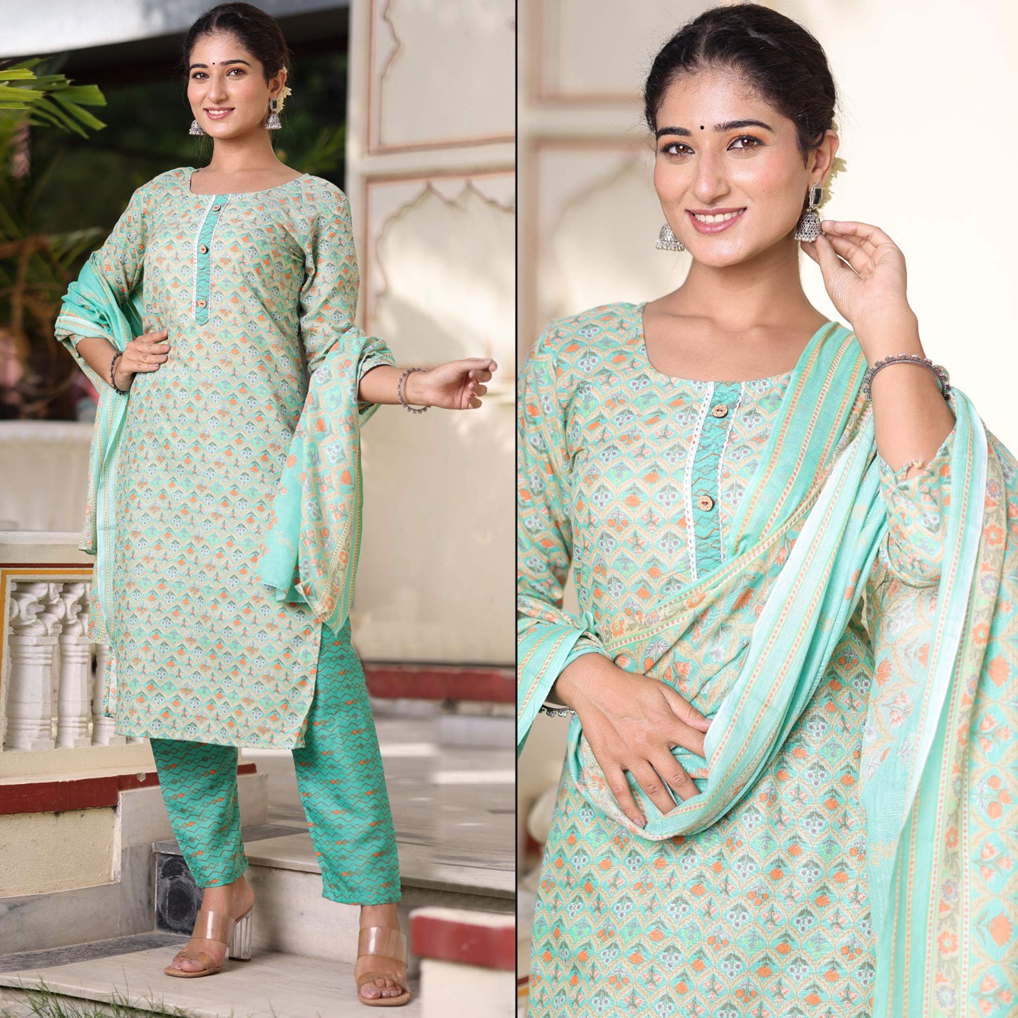 Green Floral Printed Pure Cotton Suit