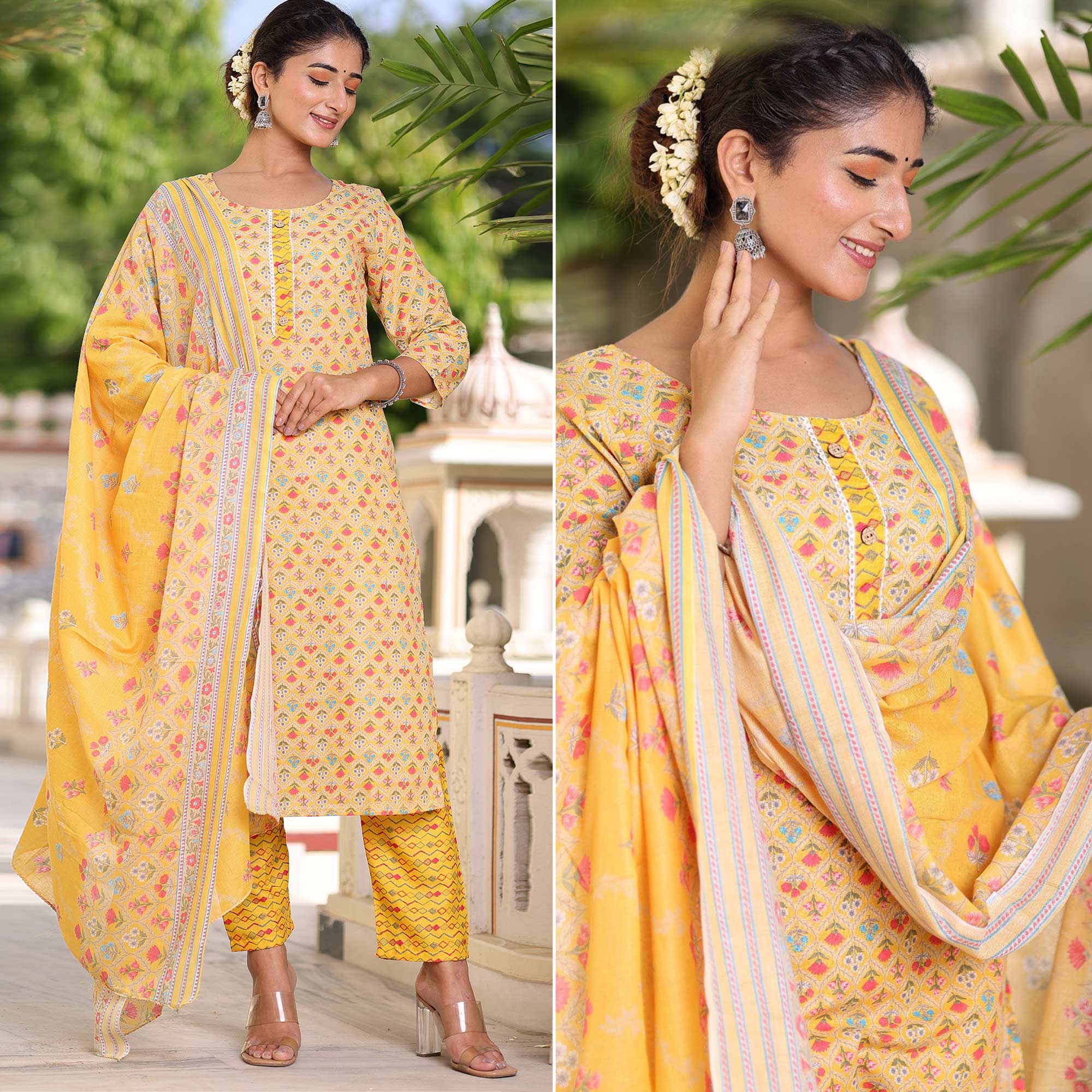 Yellow Floral Printed Pure Cotton Suit