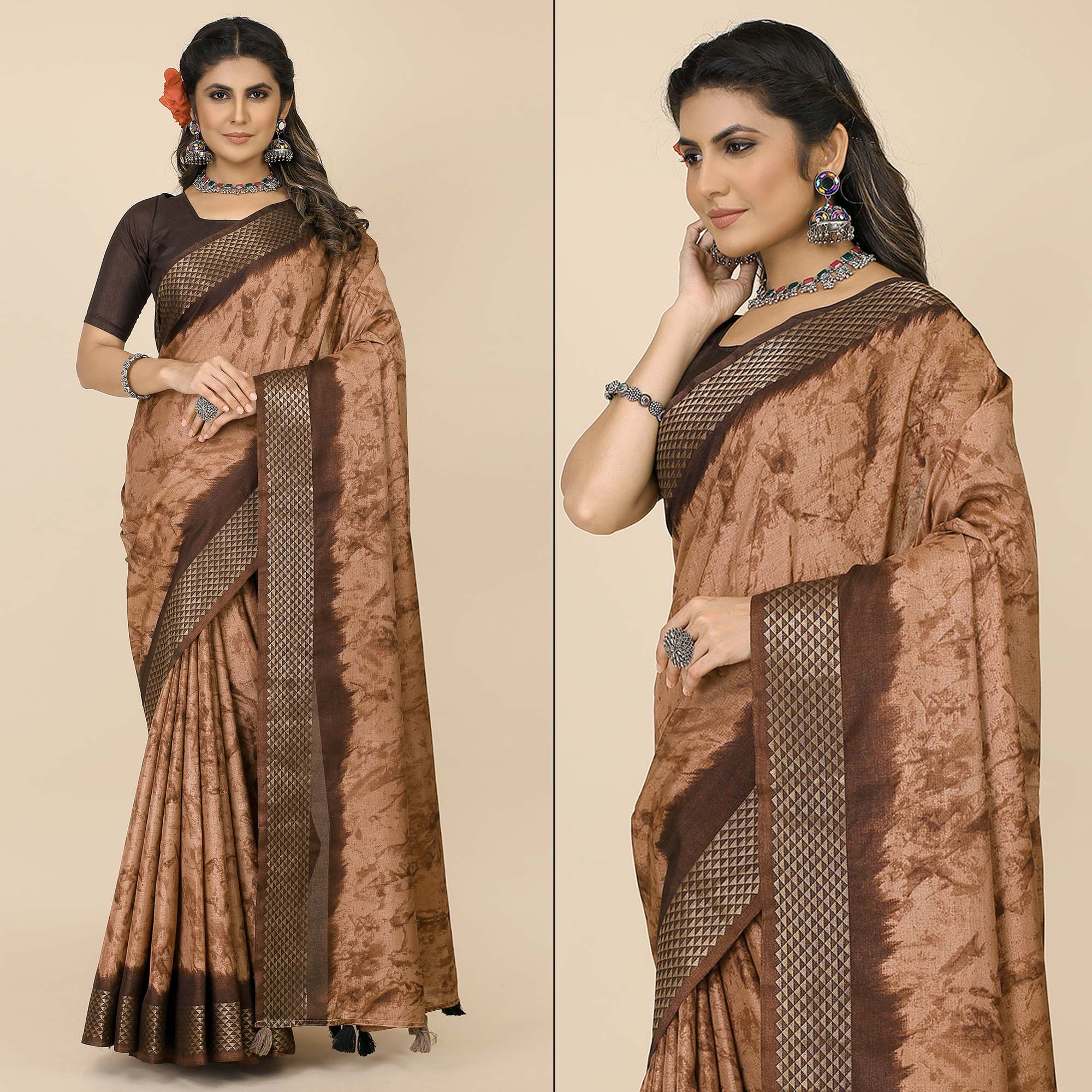 Coffee Brown Printed Cotton Silk Saree With Zari Border