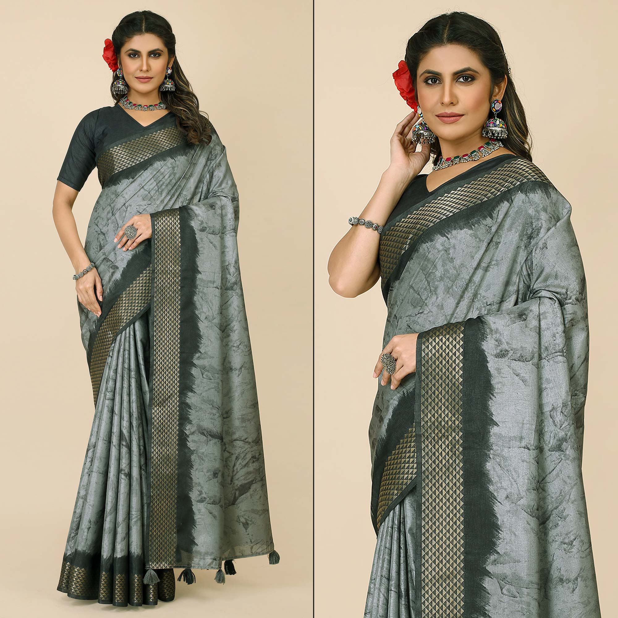 Grey Printed Cotton Silk Saree With Zari Border