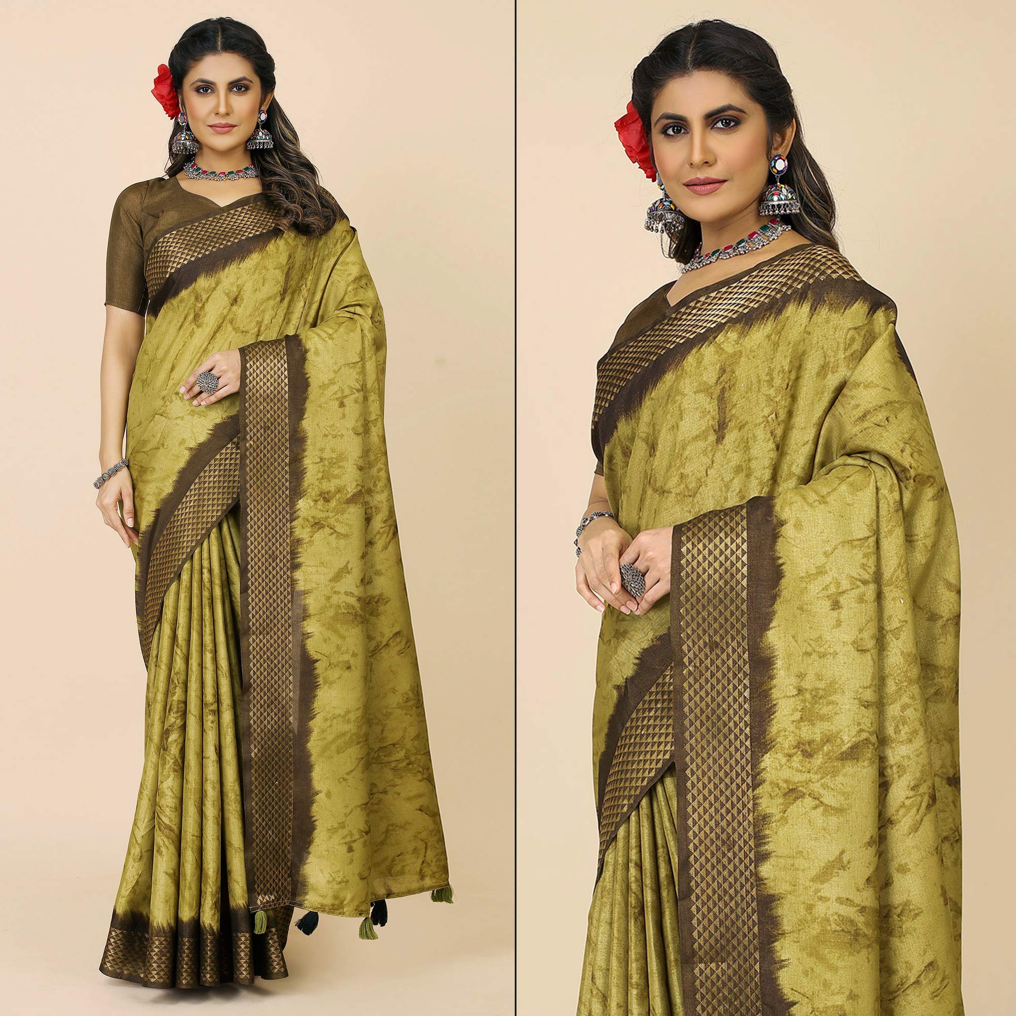 Mehendi Green Printed Cotton Silk Saree With Zari Border