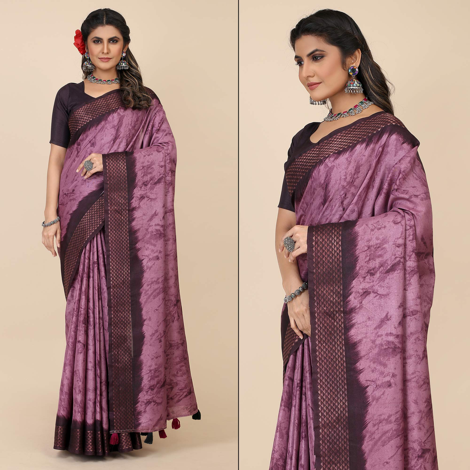 Purple Printed Cotton Silk Saree With Zari Border
