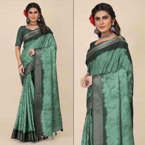Turquoise Printed Cotton Silk Saree With Zari Border