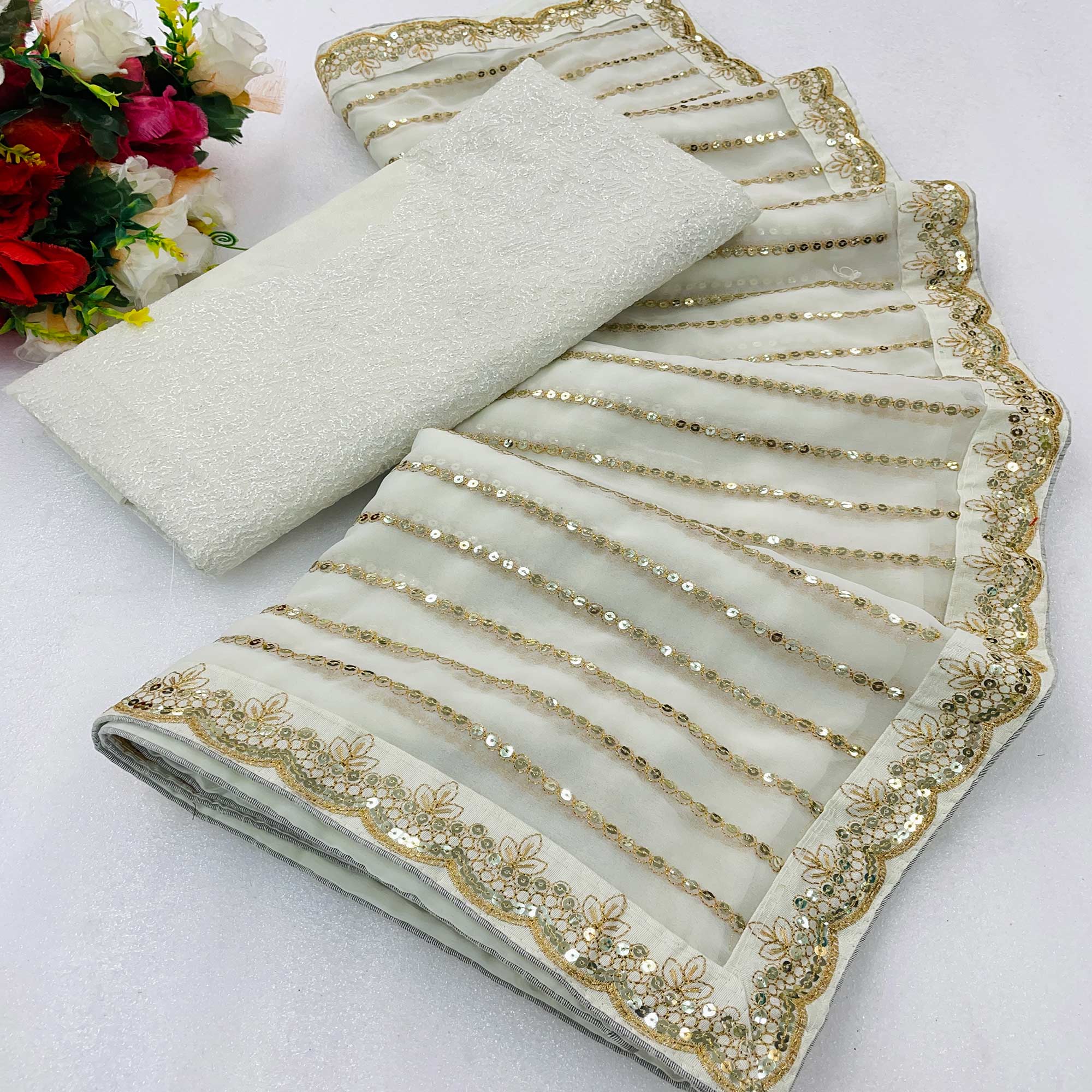 Off White Sequins Embroidered Georgette Saree