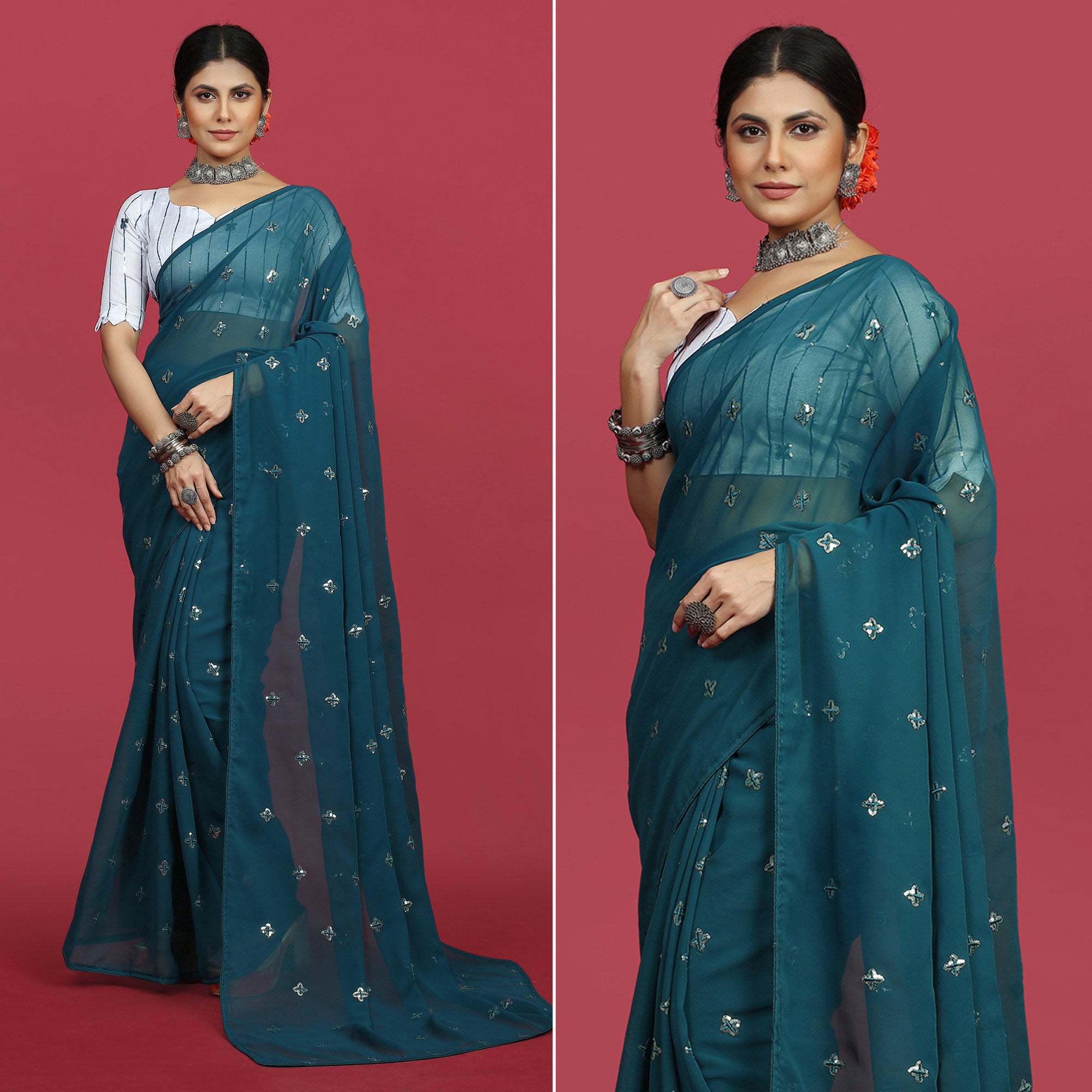 Morpich Sequins Embroidered Georgette Saree