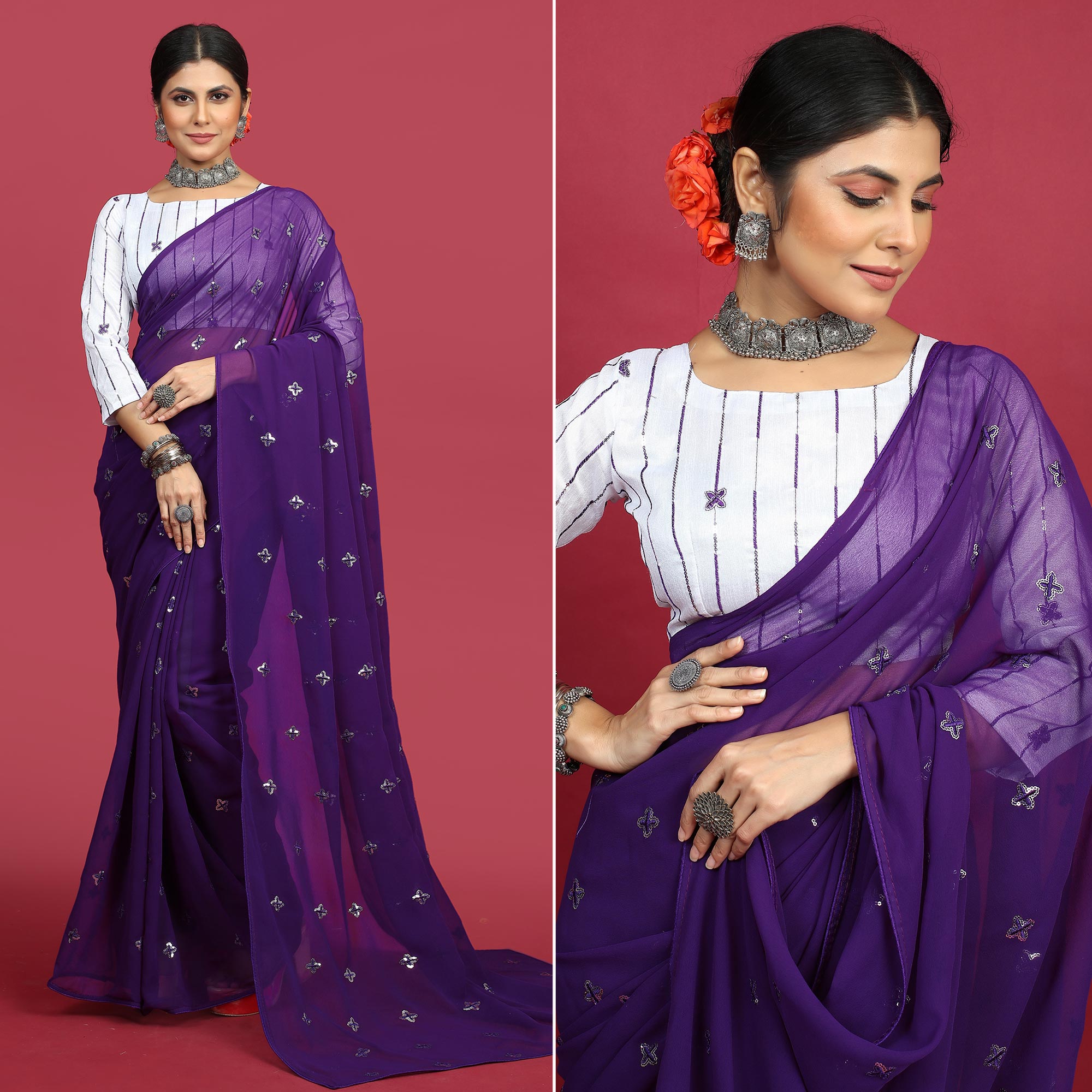 Purple Sequins Embroidered Georgette Saree