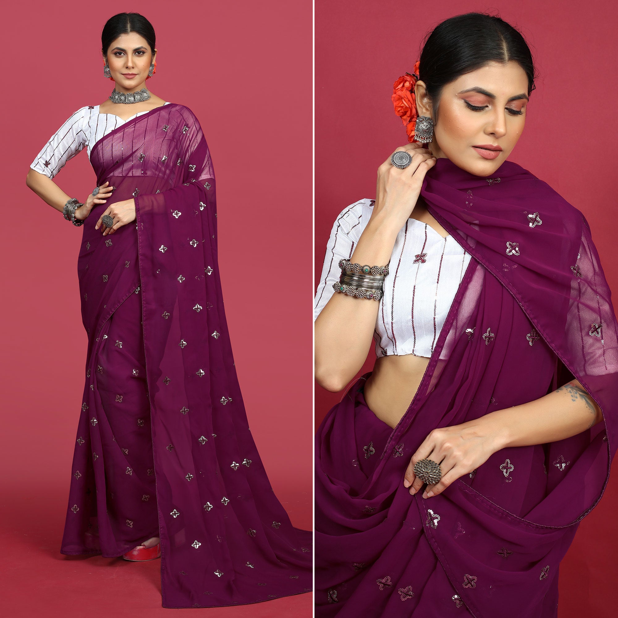 Wine Sequins Embroidered Georgette Saree