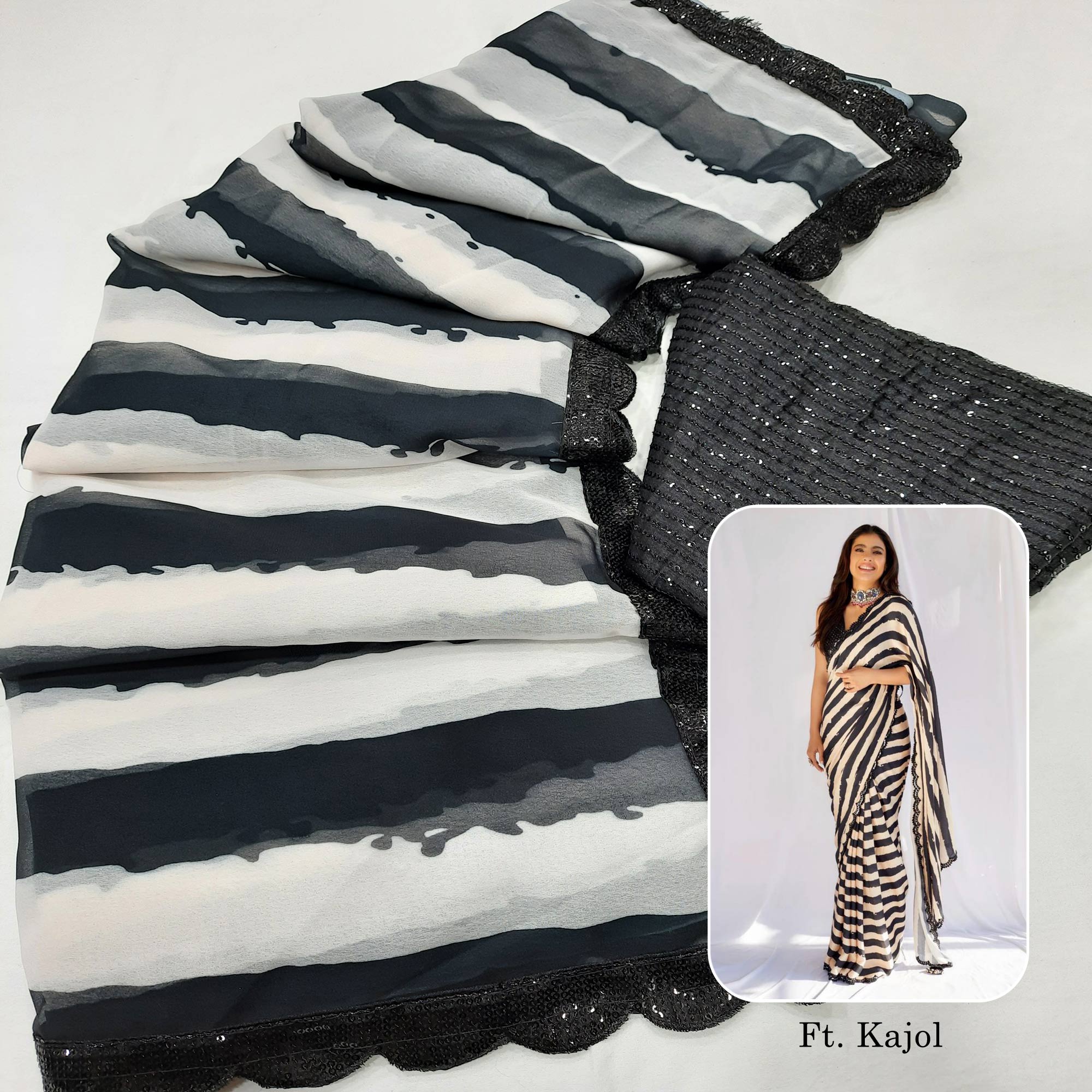 Black & White Printed Georgette Saree With Sequins Border