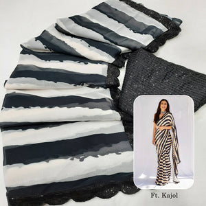 Black & White Printed Georgette Saree With Sequins Border