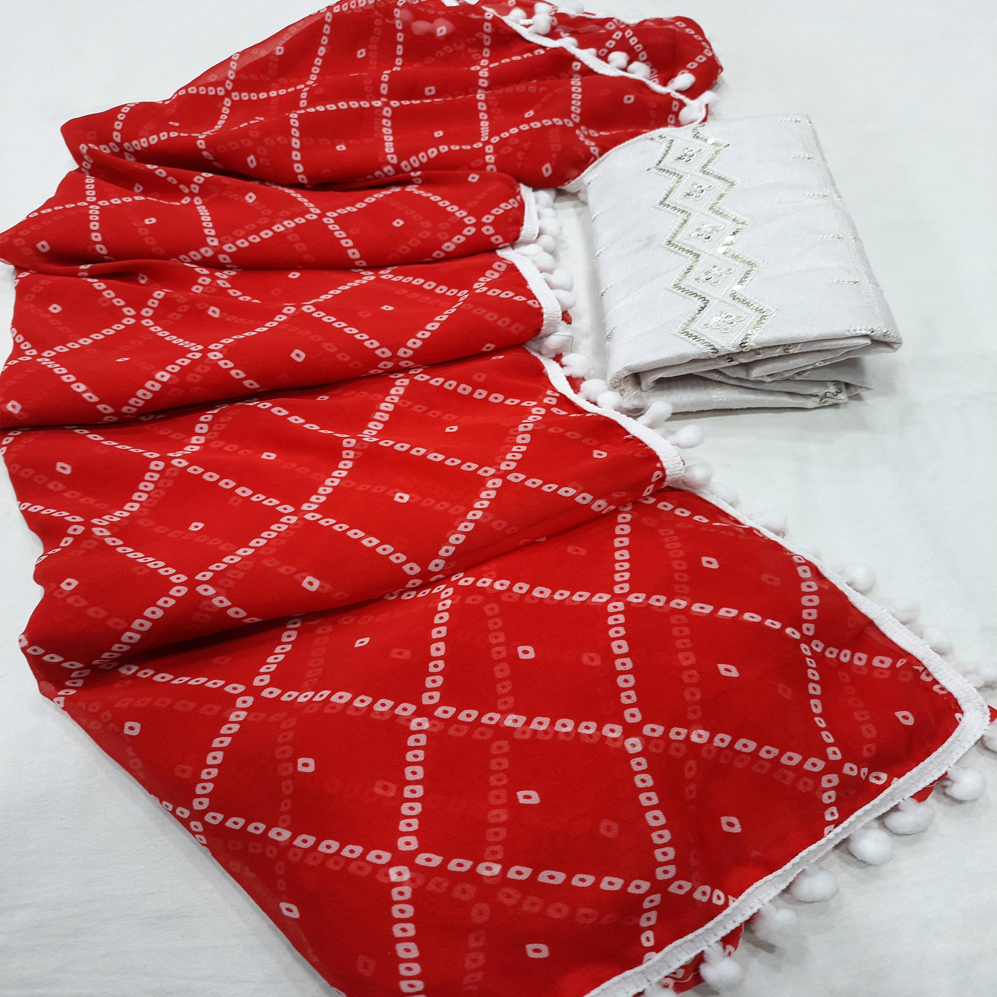 Red Bandhani Printed Georgette Saree