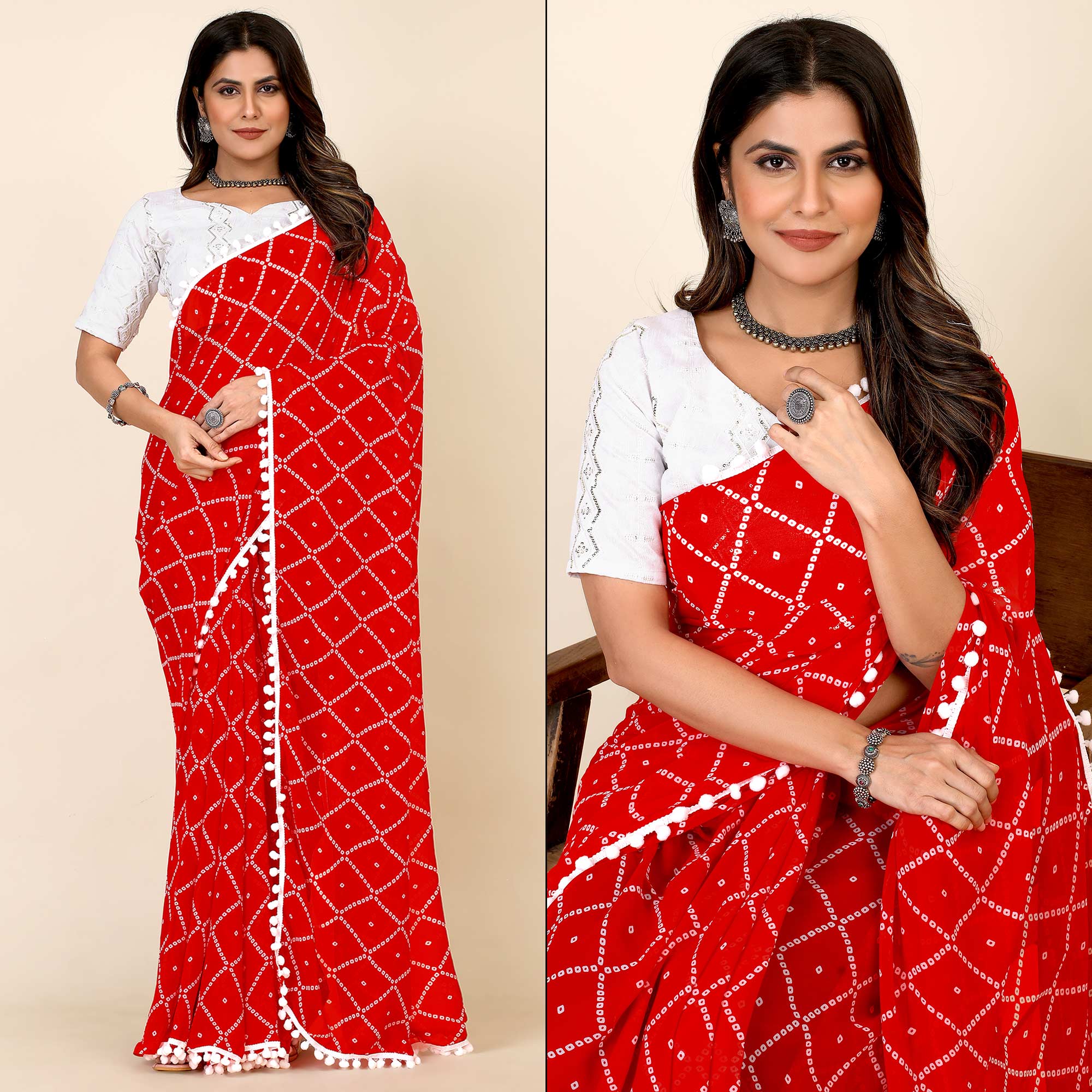 Red Bandhani Printed Georgette Saree