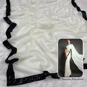 White Solid With Embroidered Border Georgette Saree