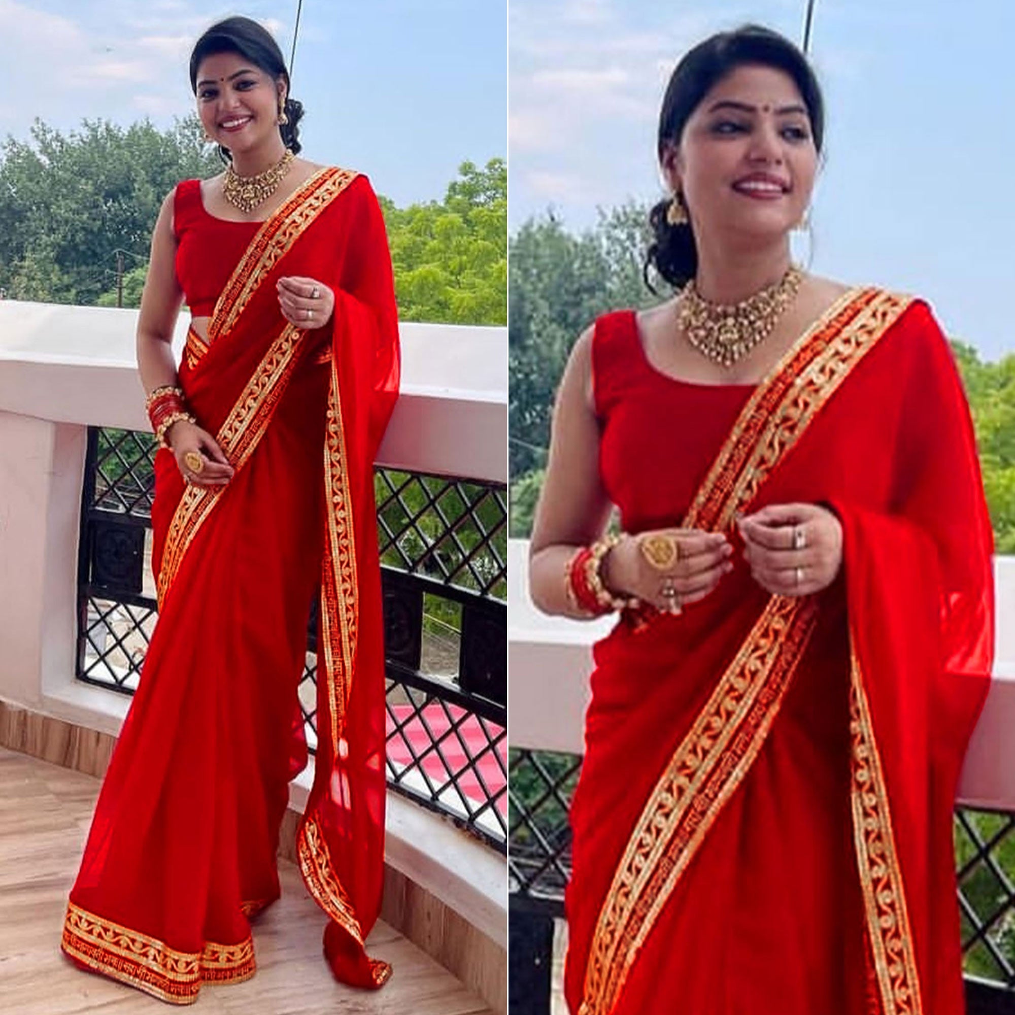 Red Solid With Embroidered Border Georgette Saree