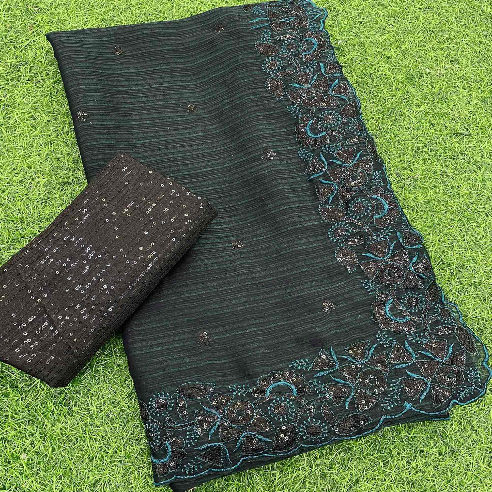 Dark Morpich Sequins Embroidered Chiffon Saree