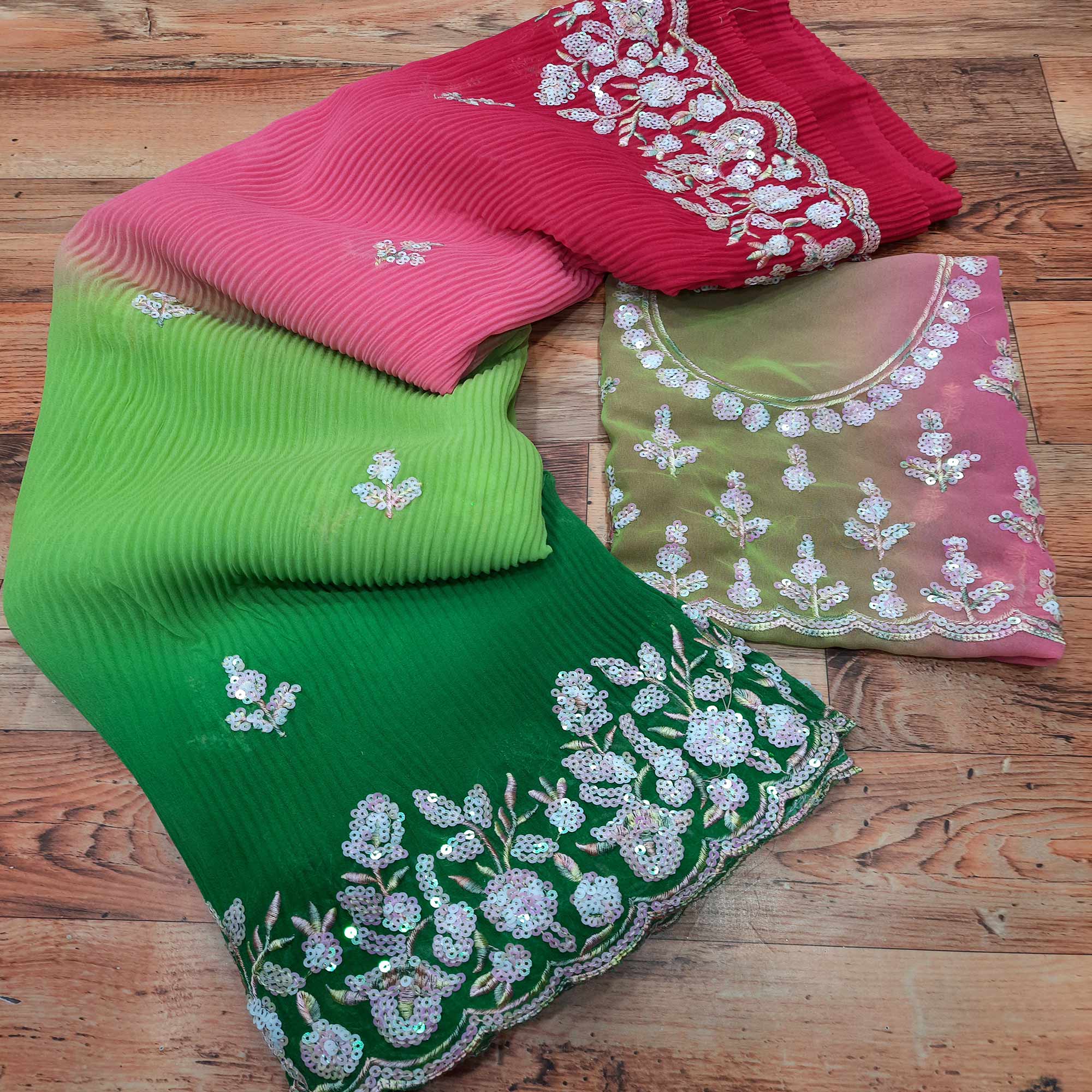 Green & Pink Sequins Embroidered Georgette Crush Saree
