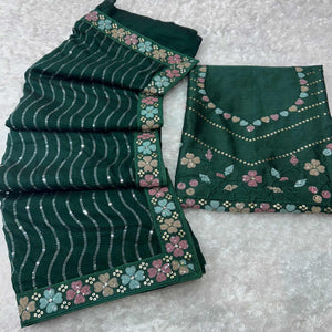 Green Sequins Embroidered Vichitra Silk Saree