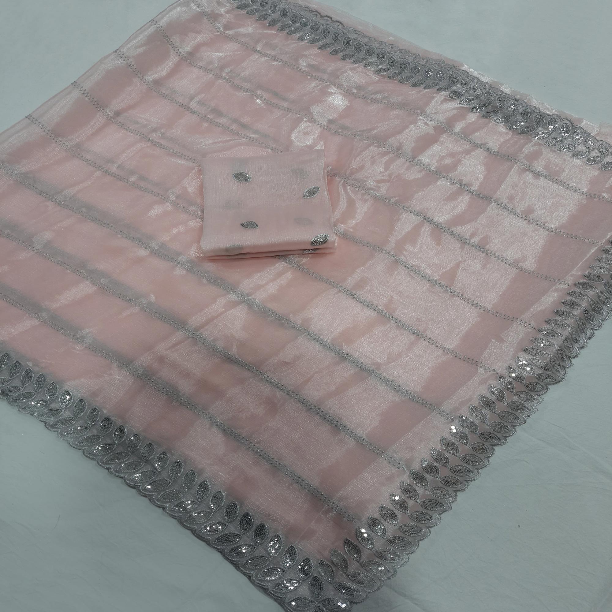 Peach Embroidered Chiffon Saree With Sequins Border