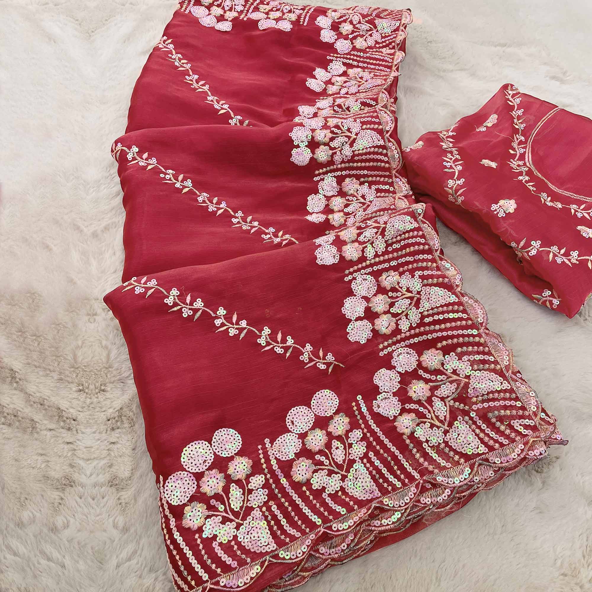 Plum Red Sequins Embroidered Chiffon Saree