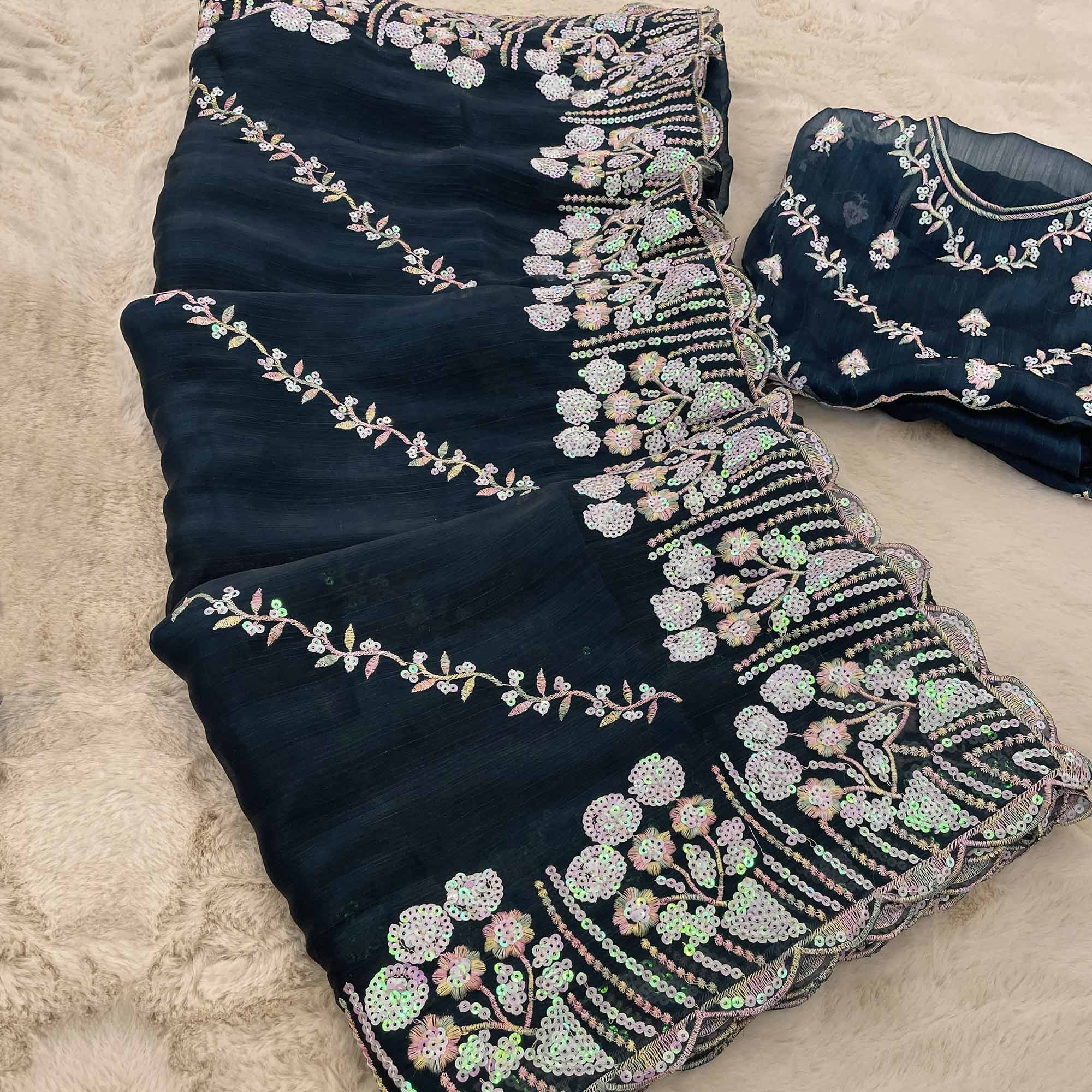 Teal Sequins Embroidered Chiffon Saree