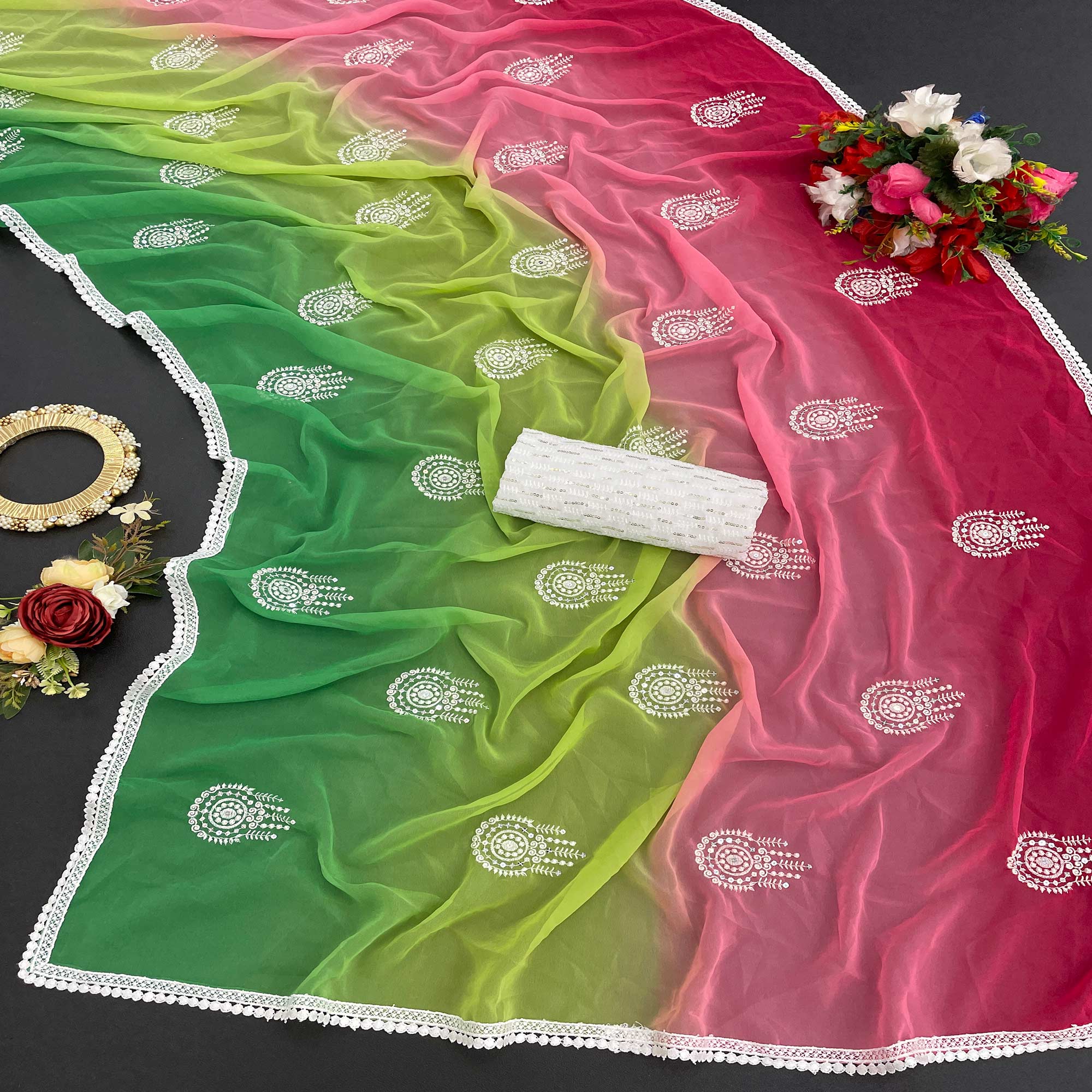 Pink & Green Sequins Embroidered Georgette Saree