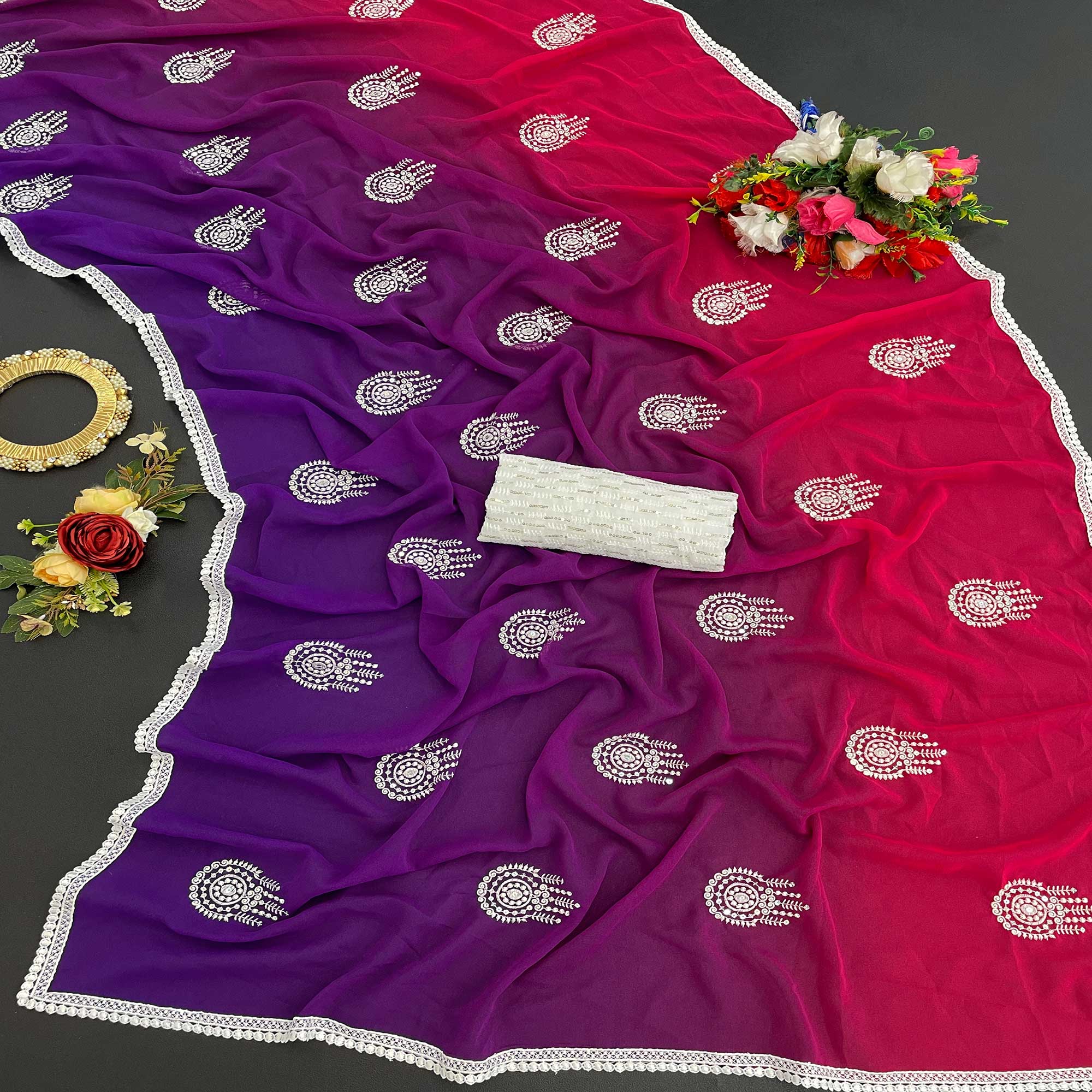 Pink & Purple Sequins Embroidered Georgette Saree