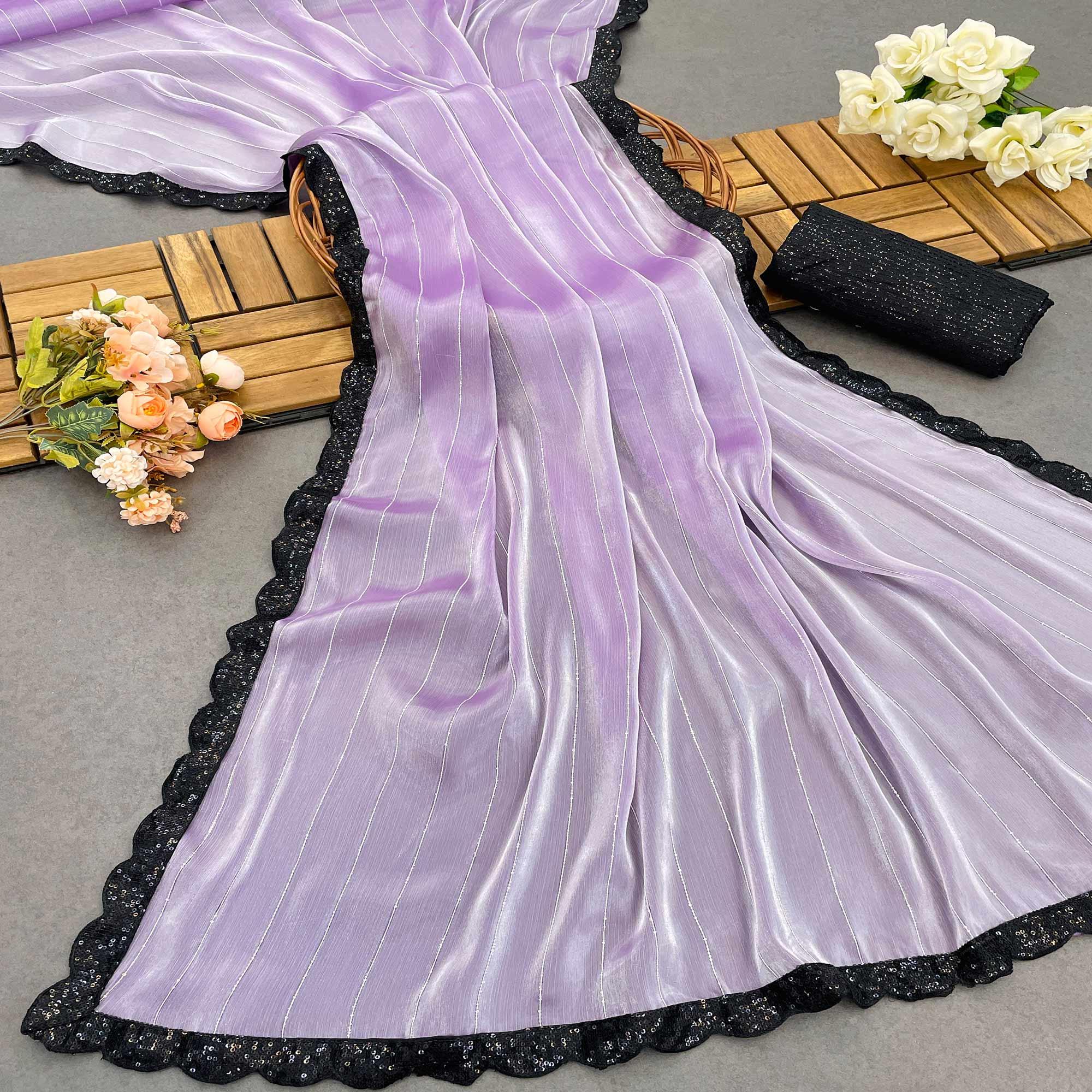 Lavender Sequins Embroidered Chiffon Saree