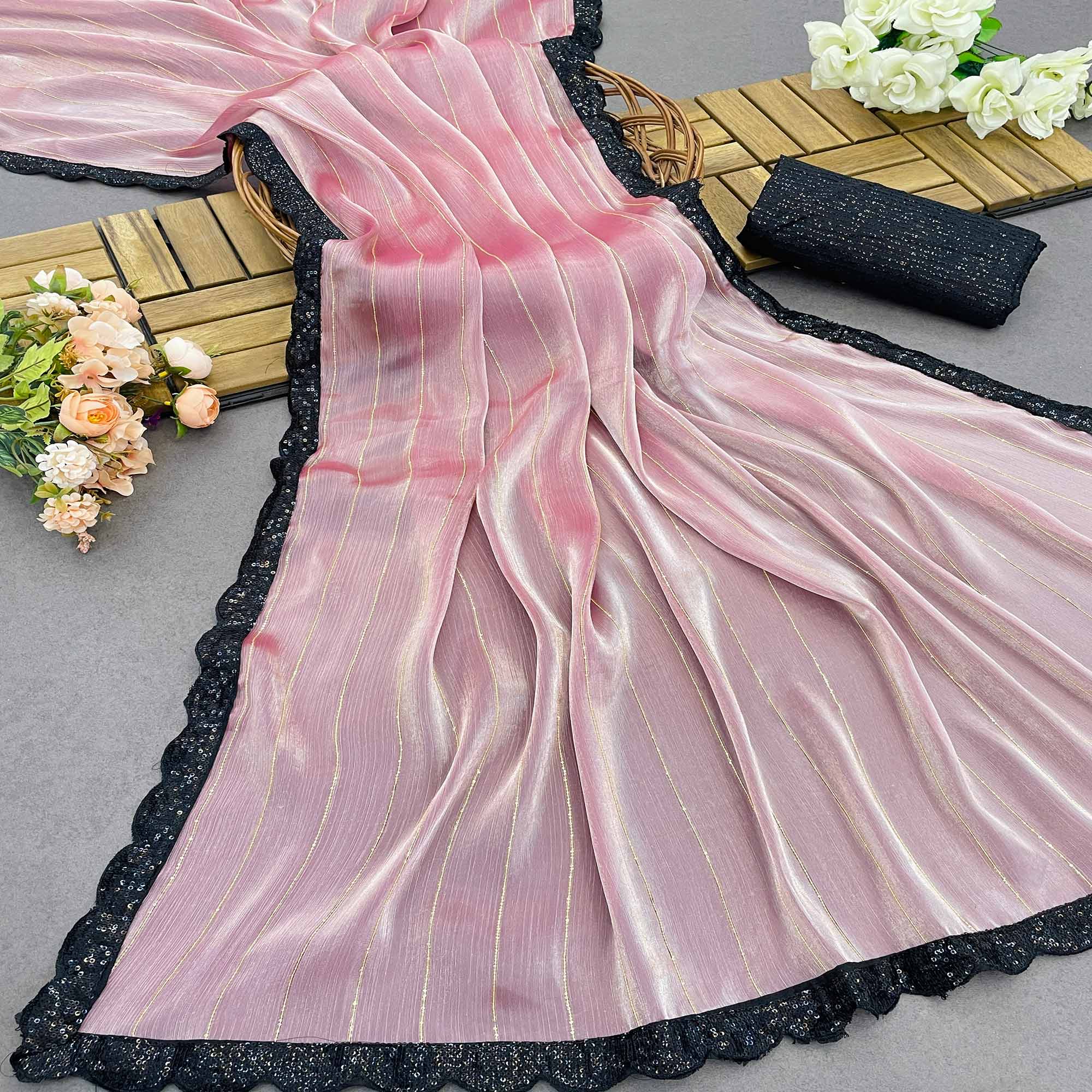 Pink Sequins Embroidered Chiffon Saree