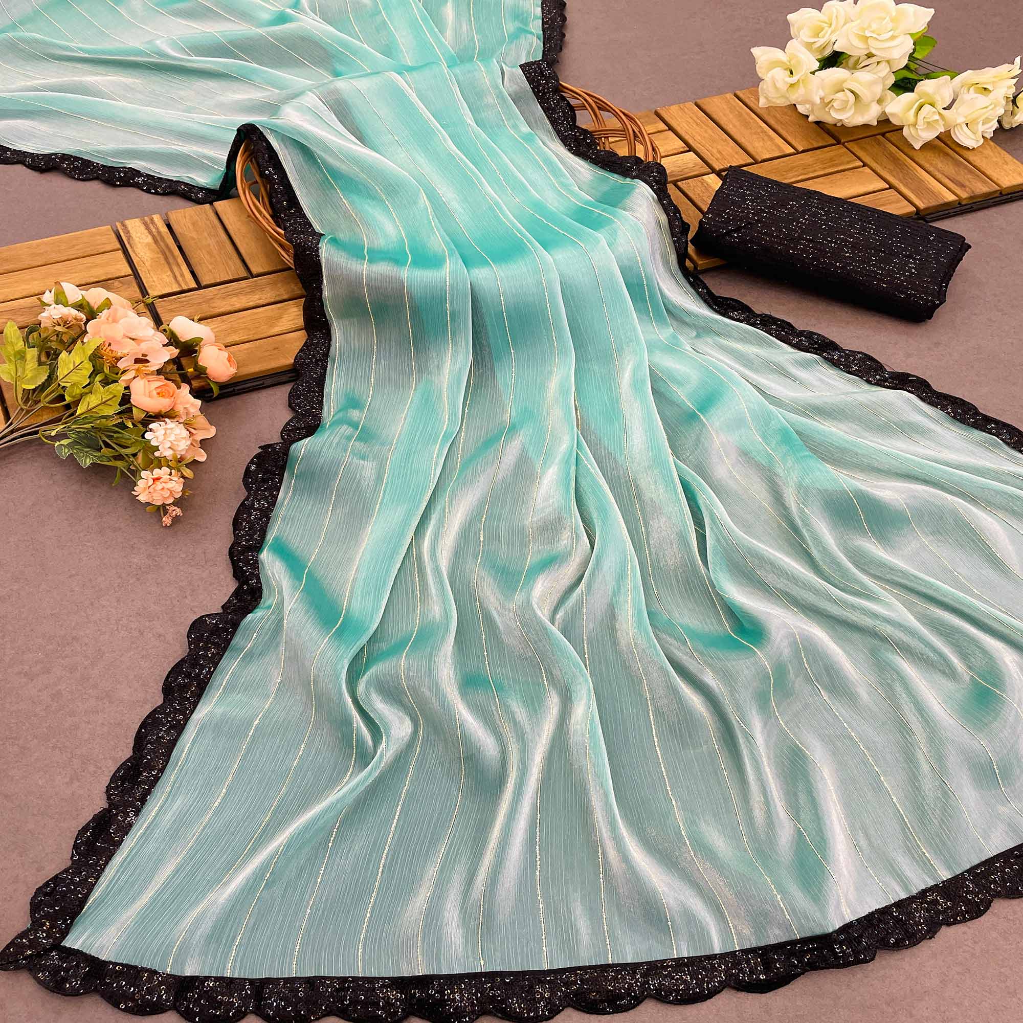 Turquoise Sequins Embroidered Chiffon Saree
