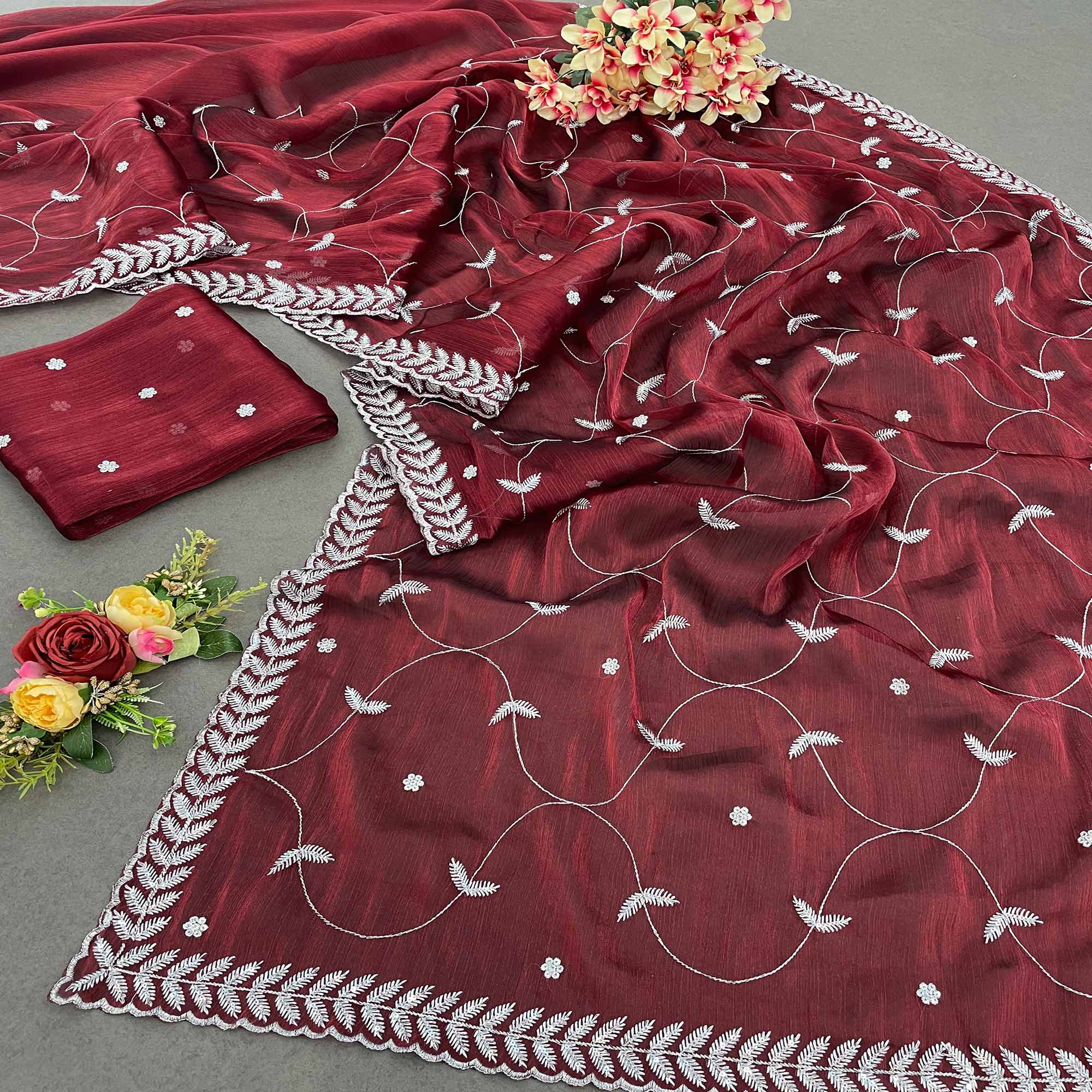 Maroon Sequins Embroidered Chiffon Silk Saree