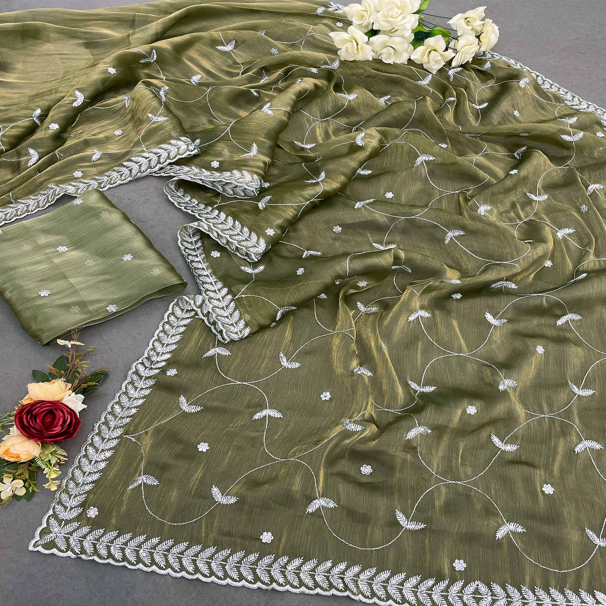Olive Green Sequins Embroidered Chiffon Saree