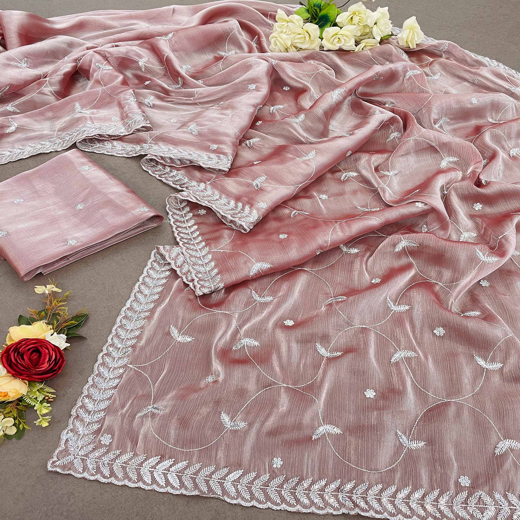 Powder Pink Sequins Embroidered Chiffon Saree