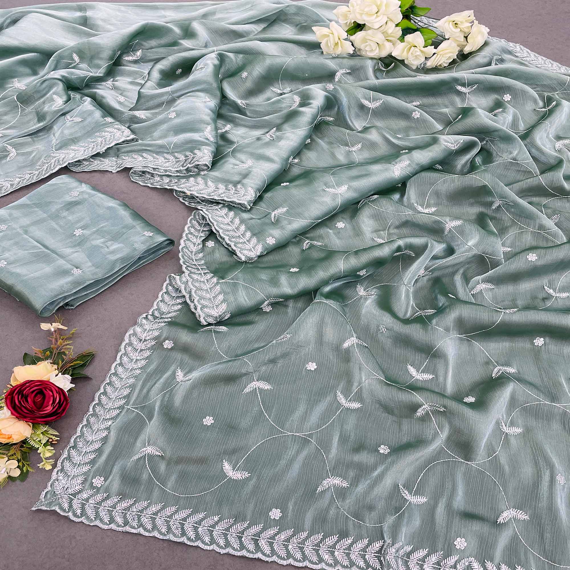 Sage Green Sequins Embroidered Chiffon Saree