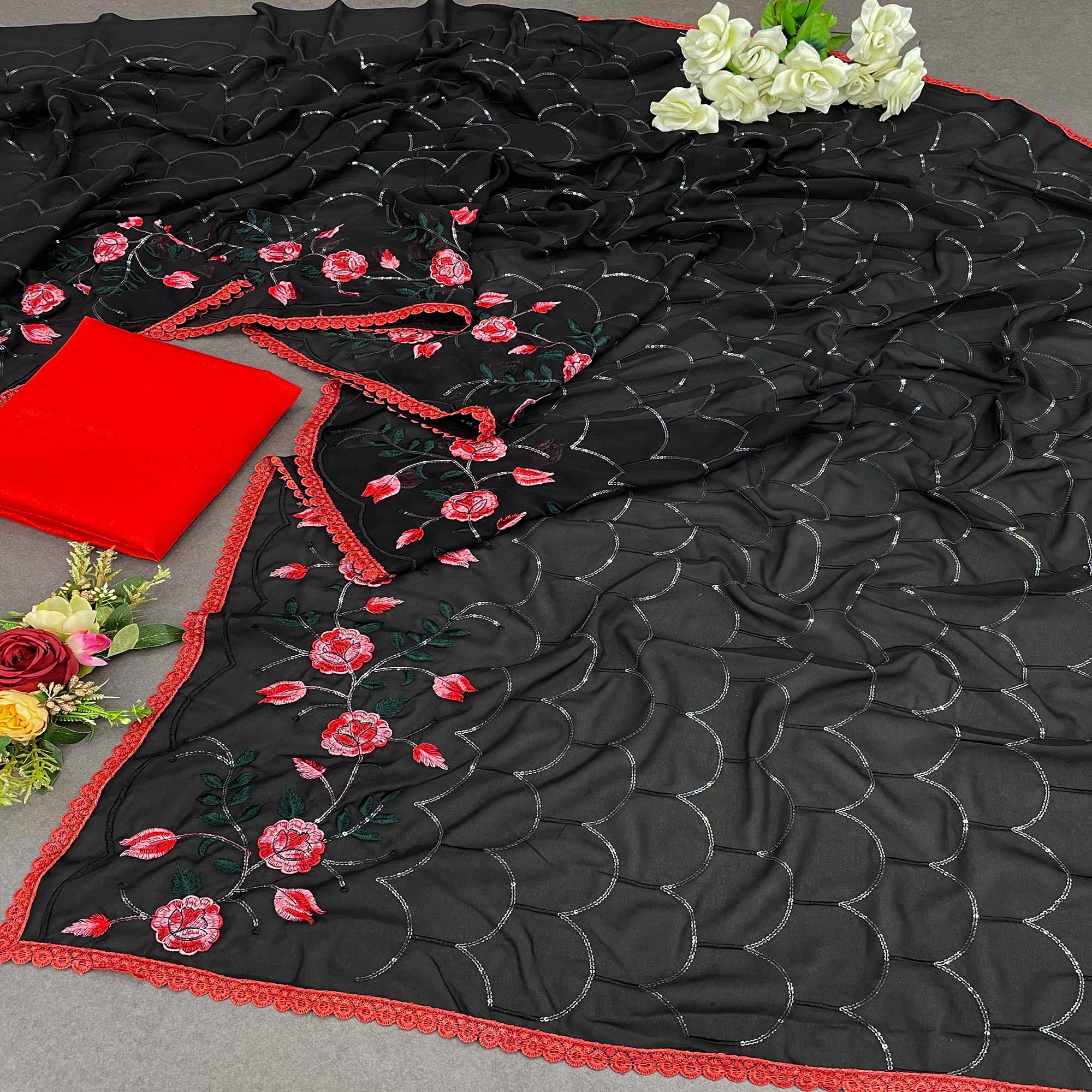 Black Floral Embroidered Georgette Saree