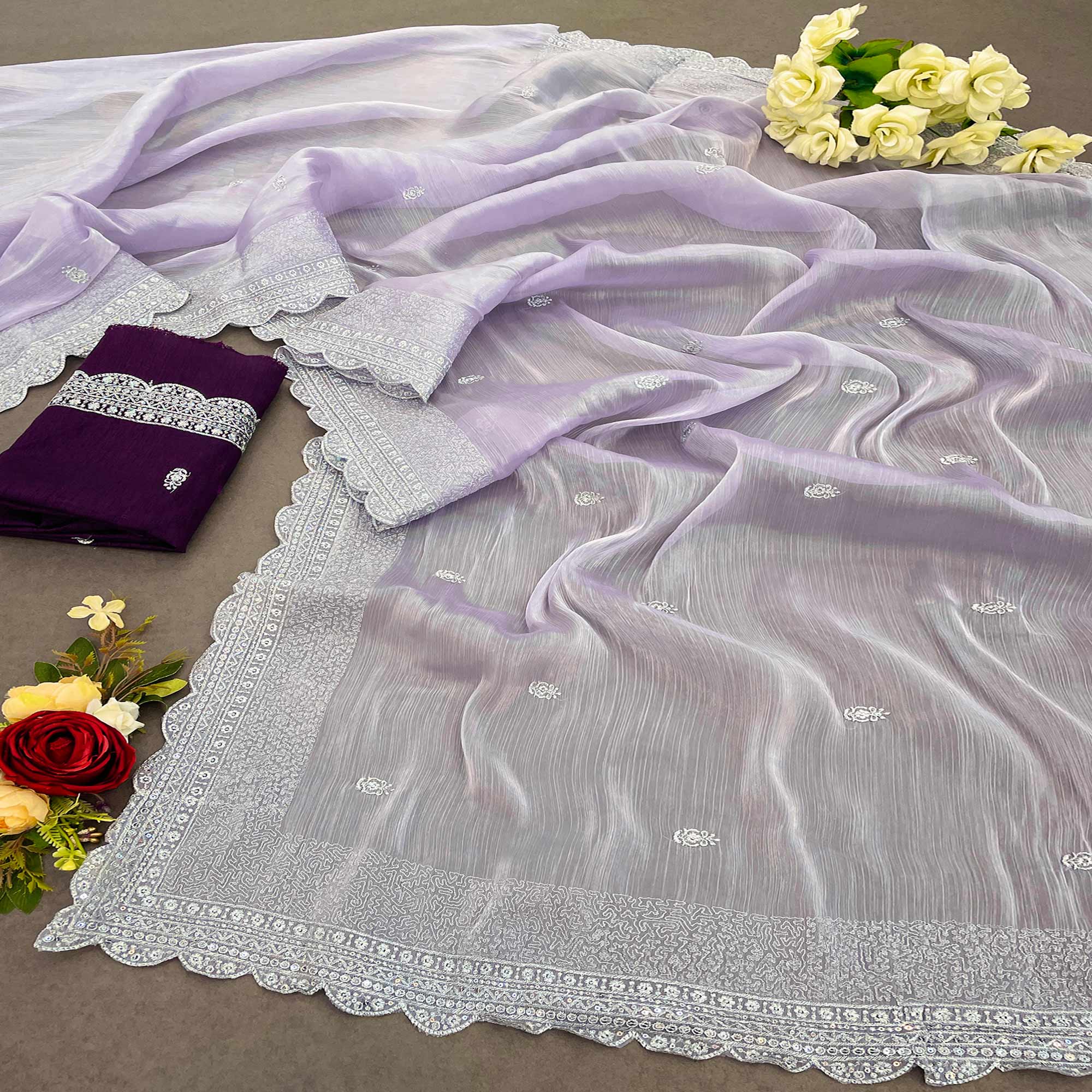 Lavender Sequins Embroidered Chiffon Saree